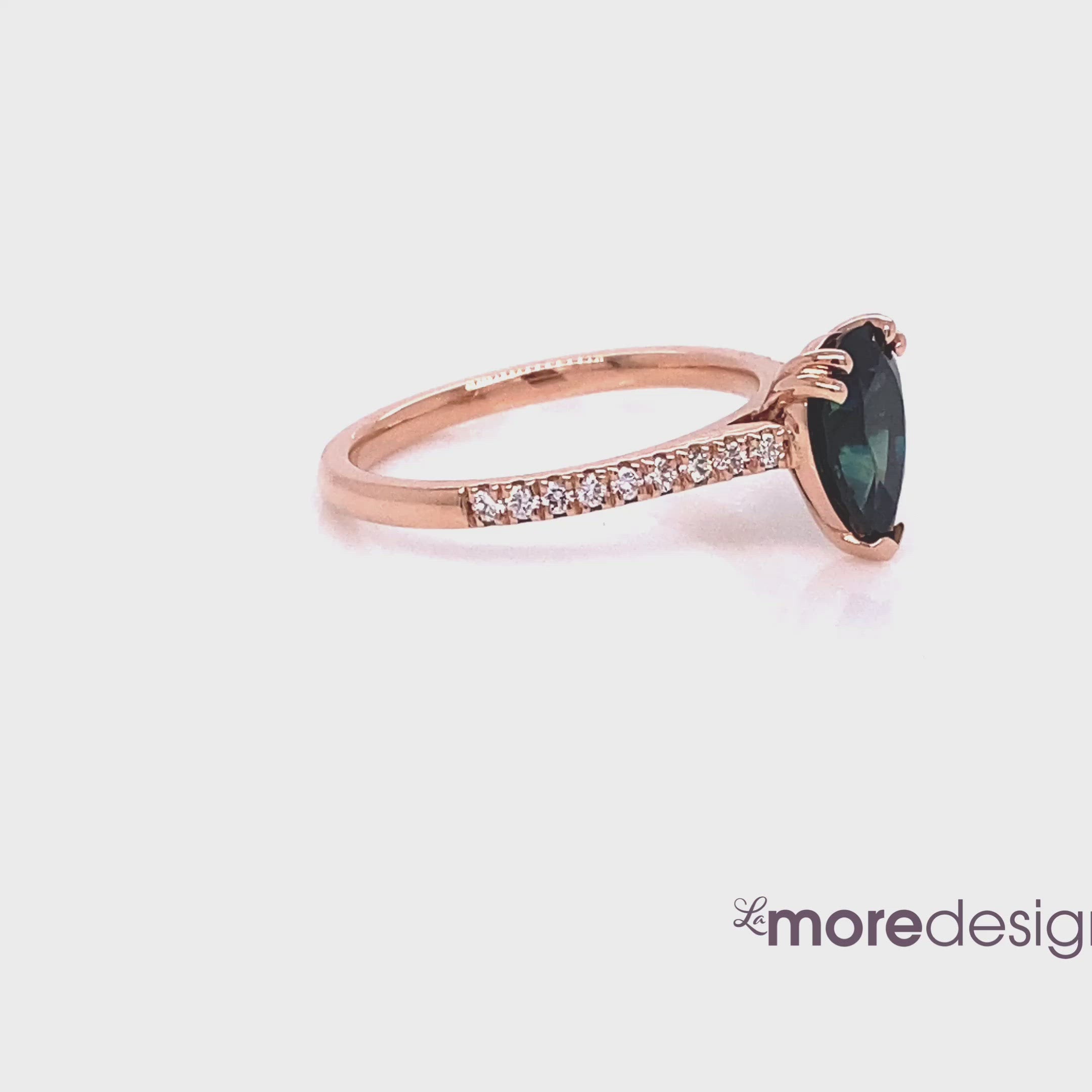 Solitaire pear teal green sapphire ring rose gold pave diamond band la more design jewelry