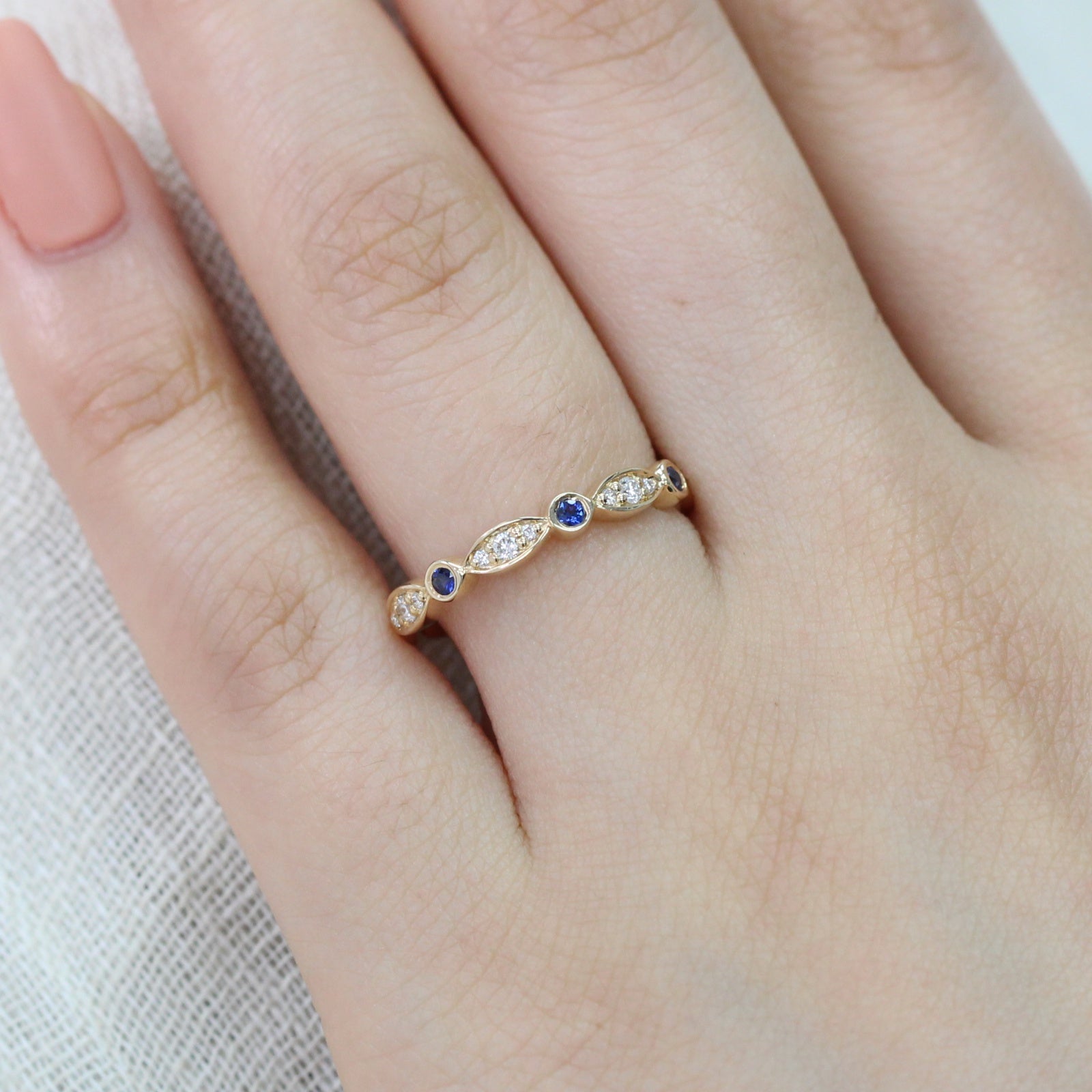 bezel diamond sapphire wedding ring yellow gold by la more design