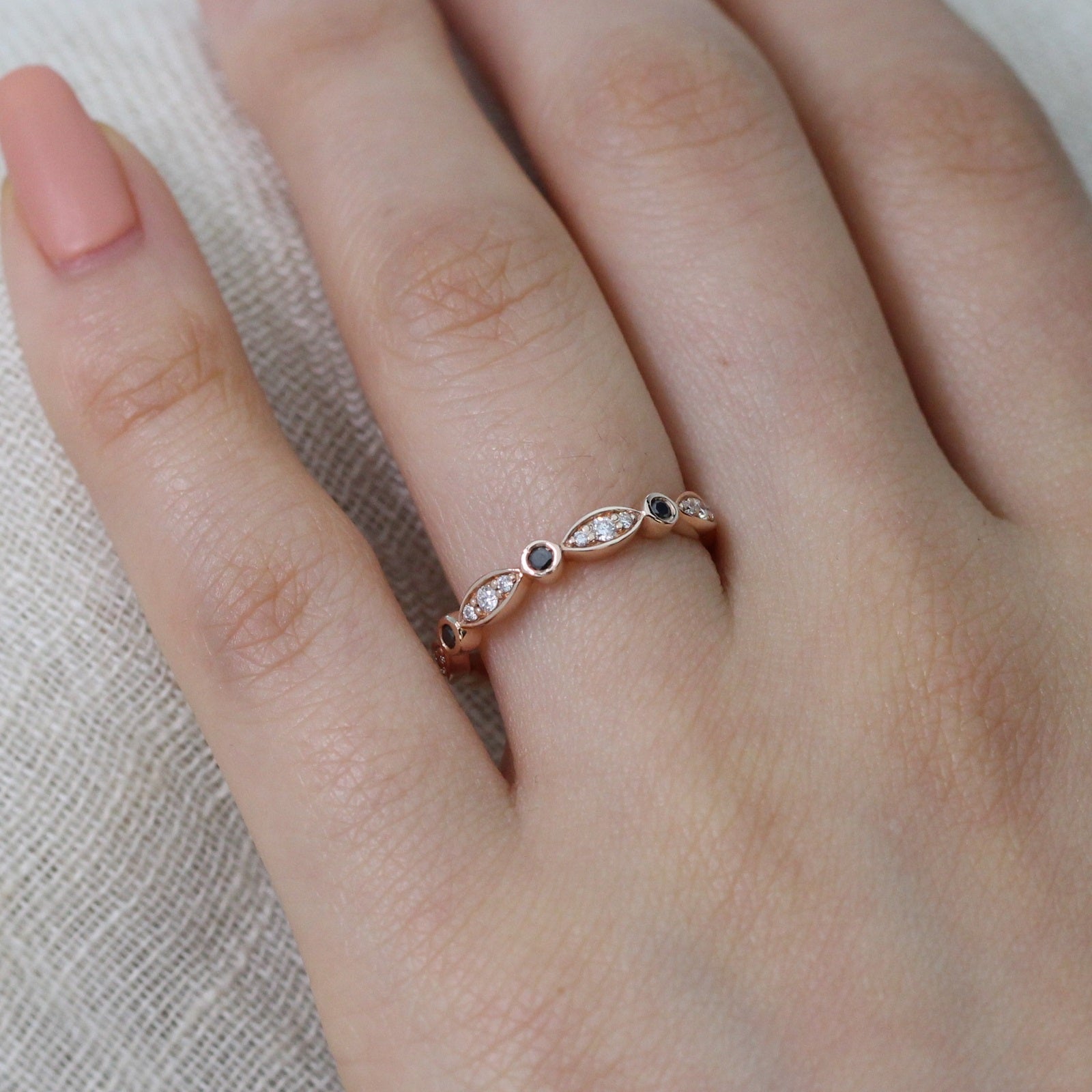 black and white diamond wedding band scalloped ring rose gold by la more design