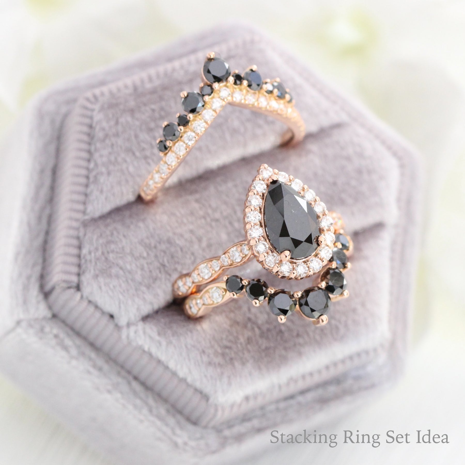 black diamond engagement ring rose gold stacking ring set la more design jewelry
