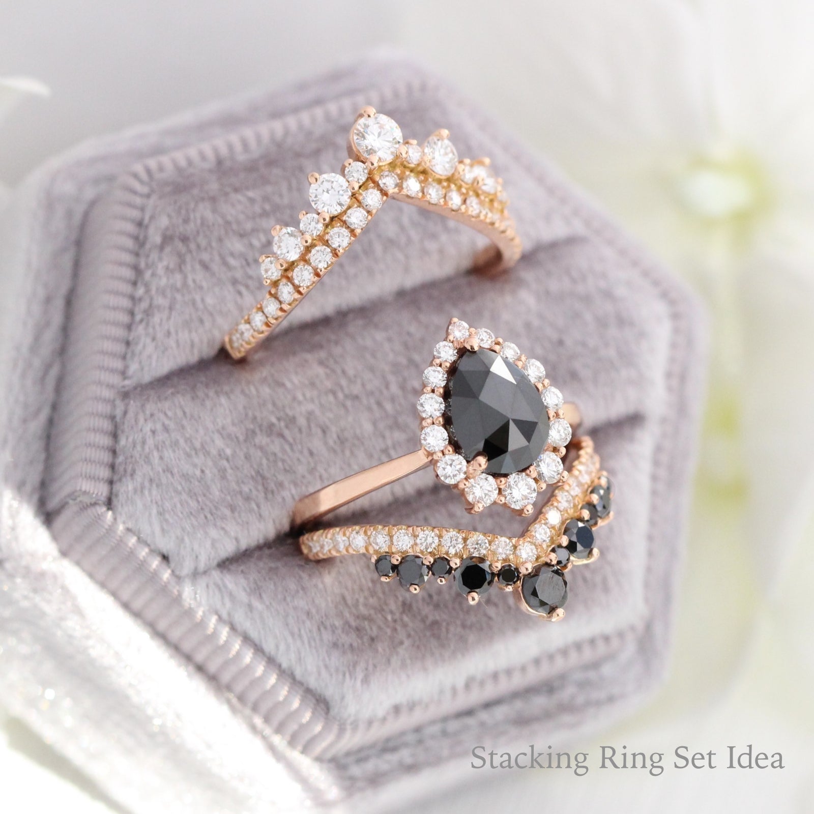 black diamond engagement ring rose gold stacking ring set la more design jewelry
