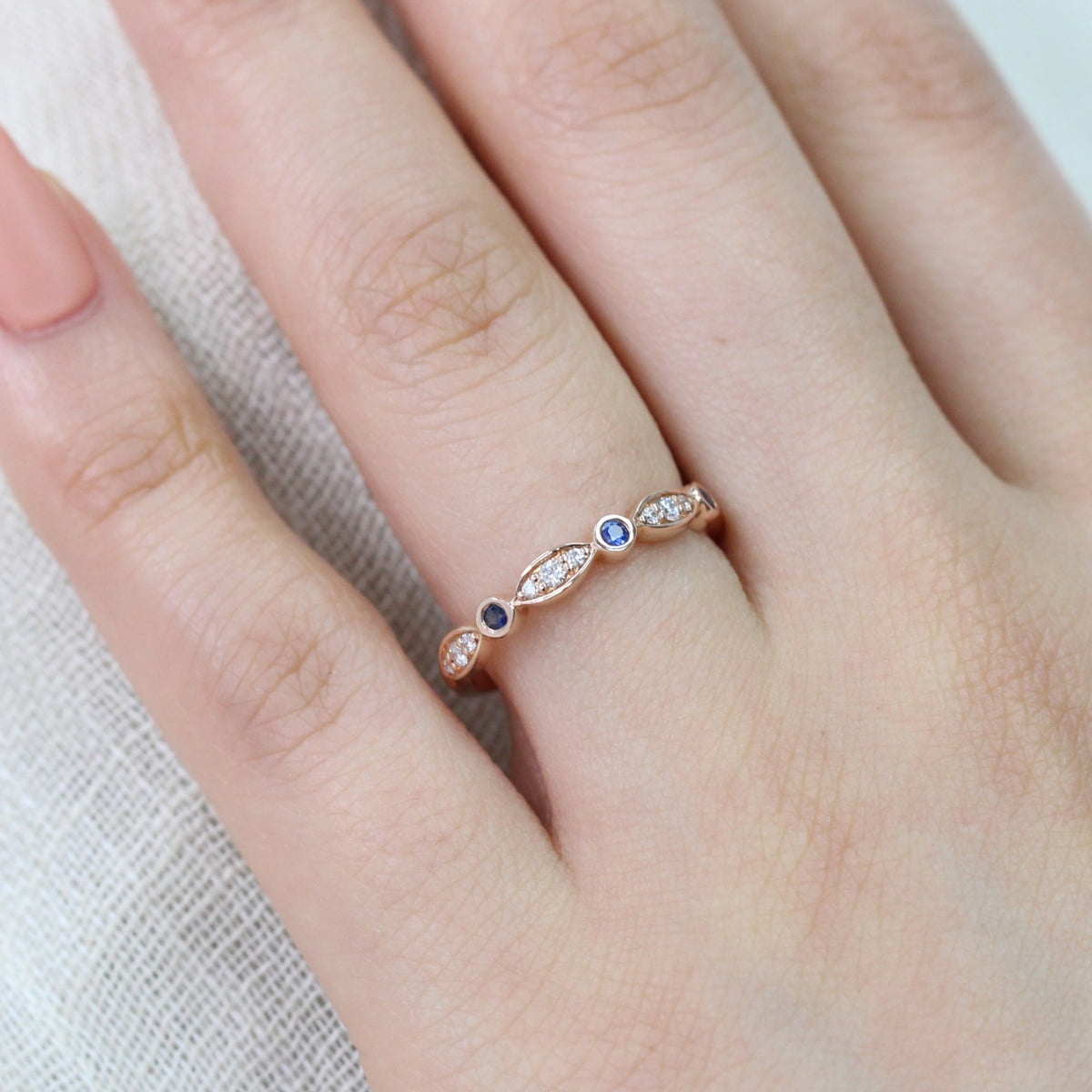 blue sapphire wedding band bezel diamond ring rose gold by la more design