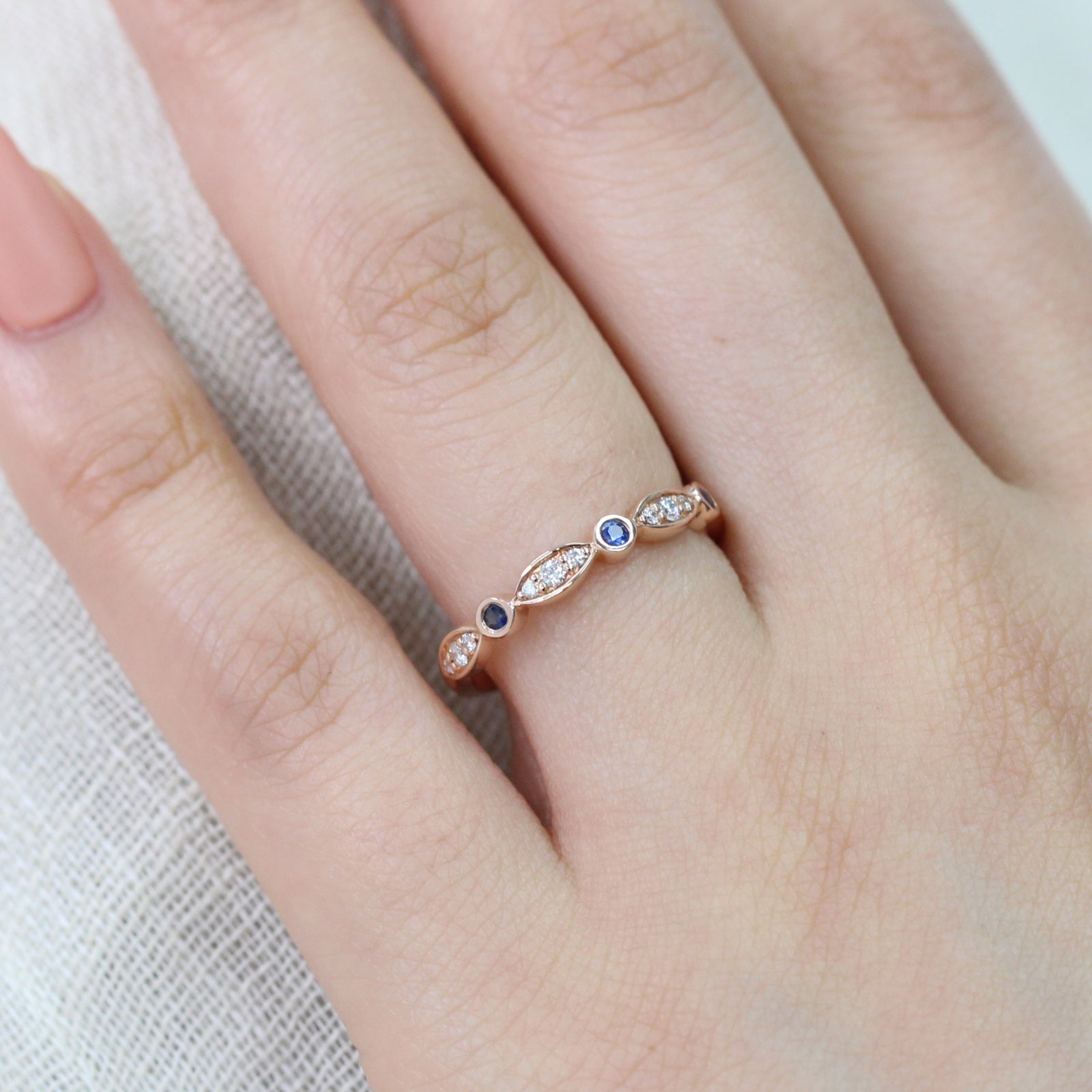 blue sapphire wedding band bezel diamond ring rose gold by la more design jewelry