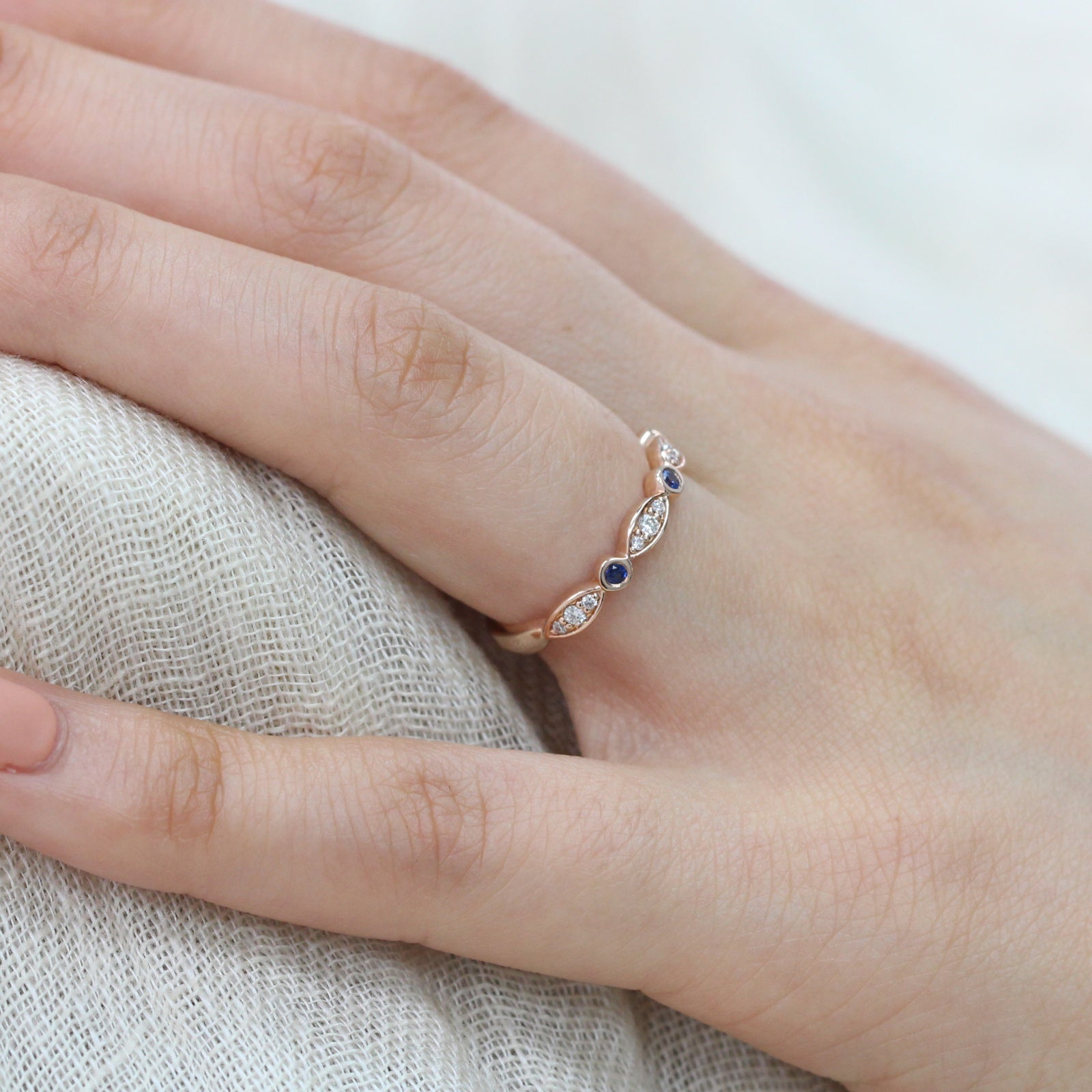 blue sapphire wedding band bezel diamond ring rose gold by la more design