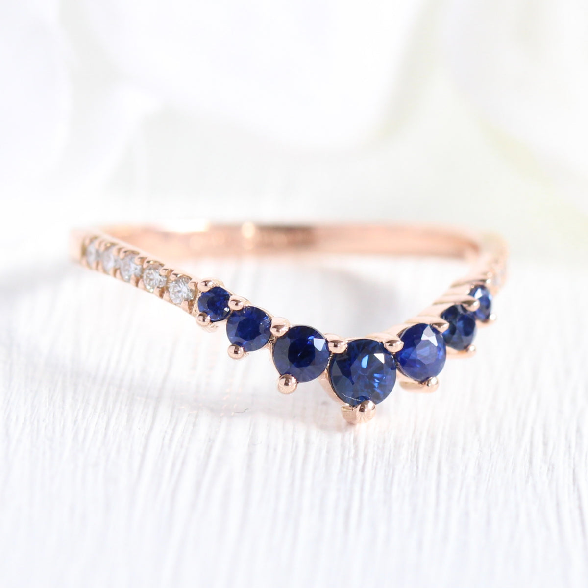 7 Stone Sapphire Wedding Ring in Rose Gold U Shaped Pave Diamond Band