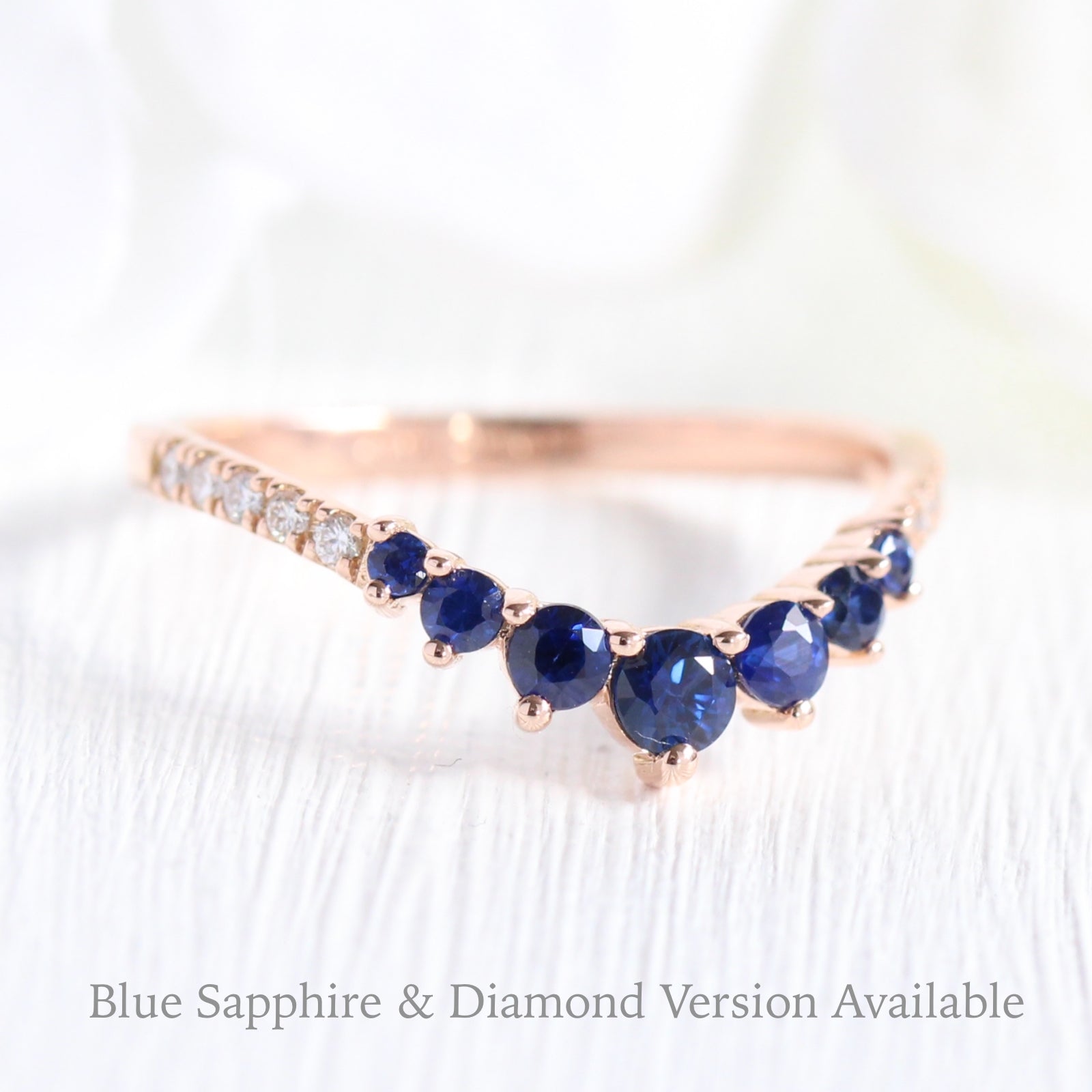 blue sapphire wedding ring in rose gold curved diamond wedding band by la more design jewelry