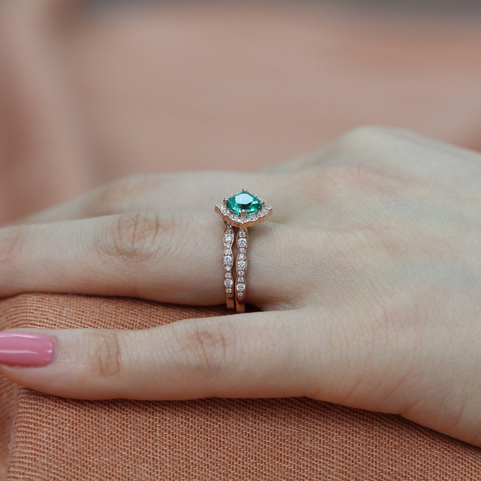 bridal set cushion emerald ring scalloped diamond band rose gold by la more design