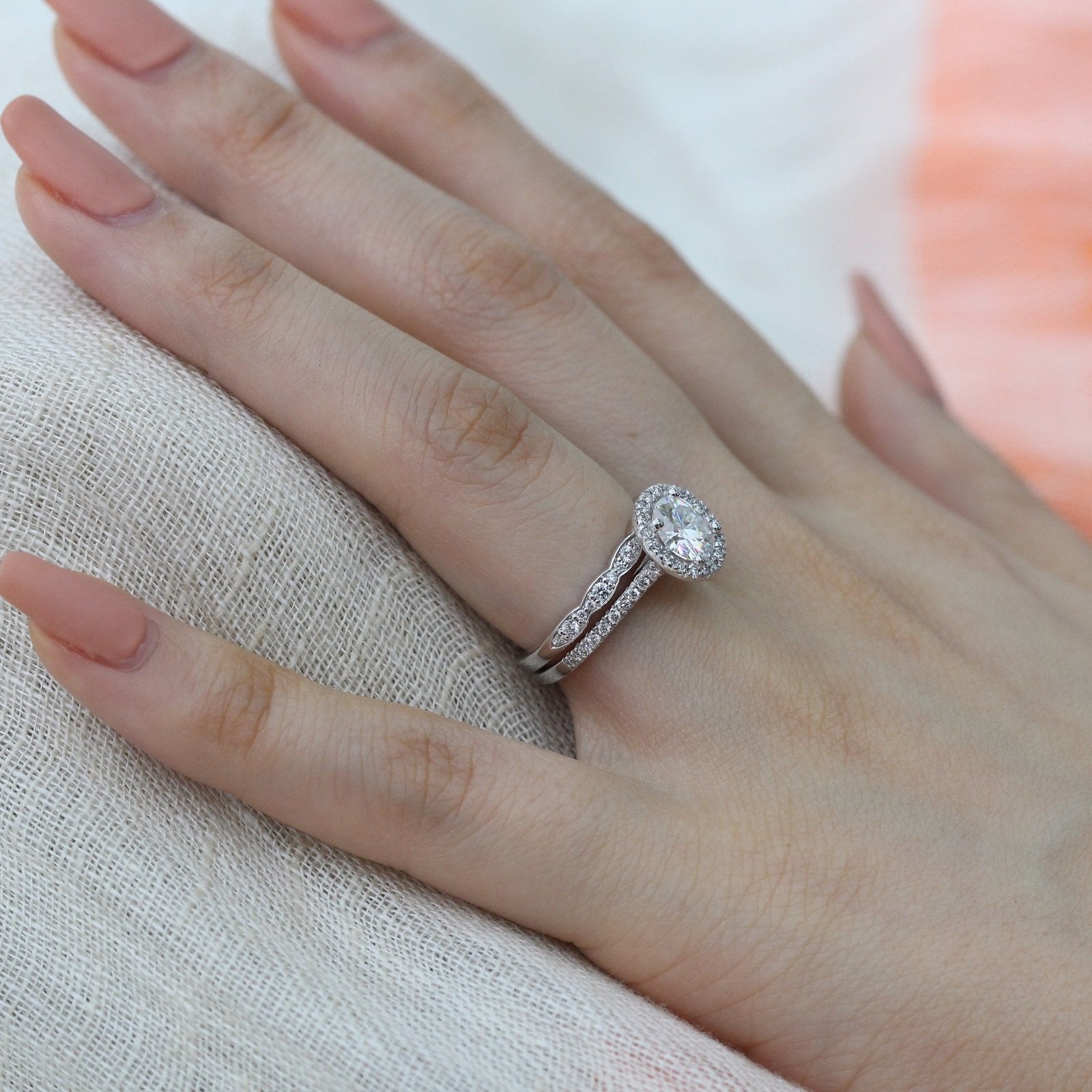 bridal set white gold moissanite engagement ring scalloped diamond wedding band by la more design