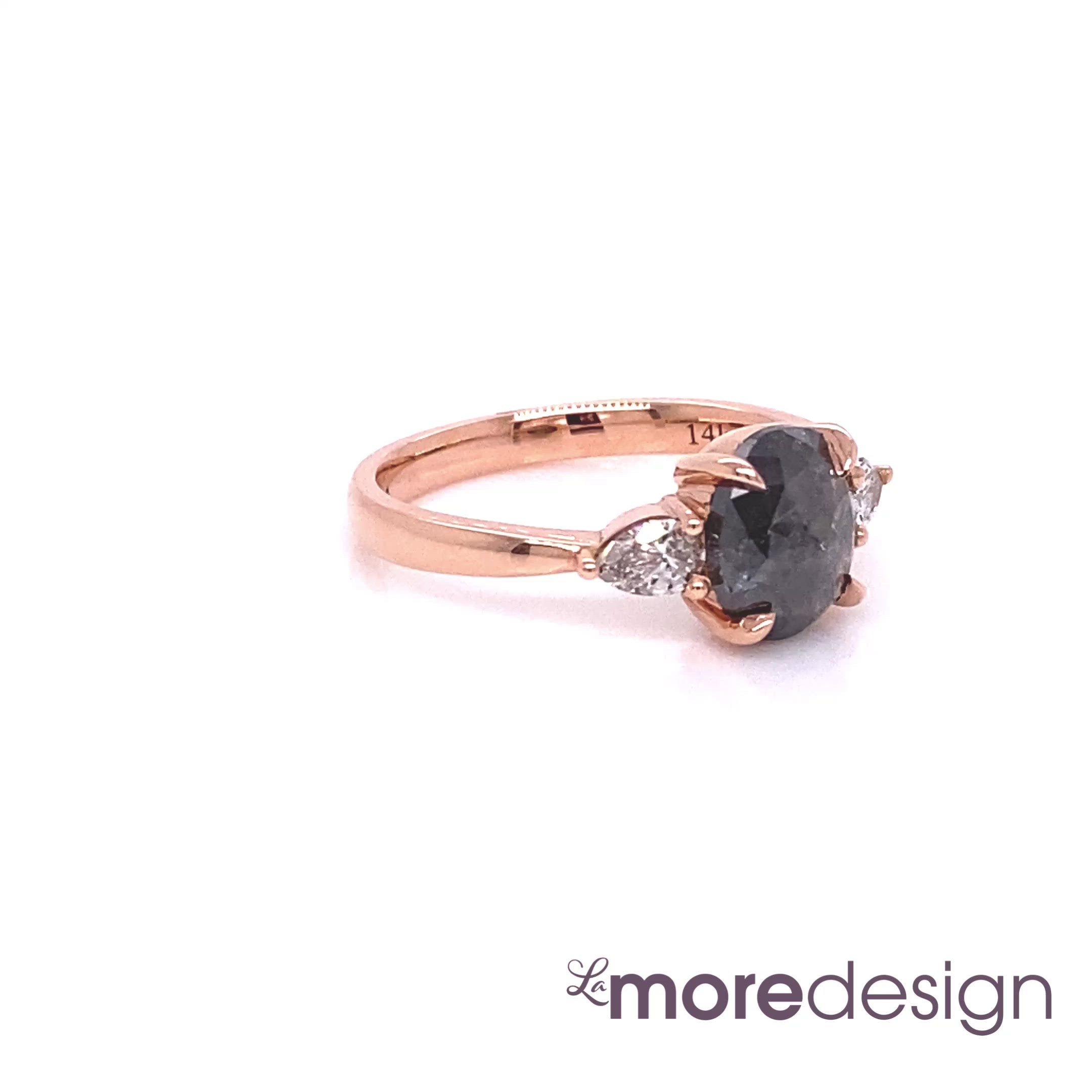 Oval Salt and Pepper Diamond Ring in 14k Rose Gold 3 Stone Pear Ring, Size 6.25