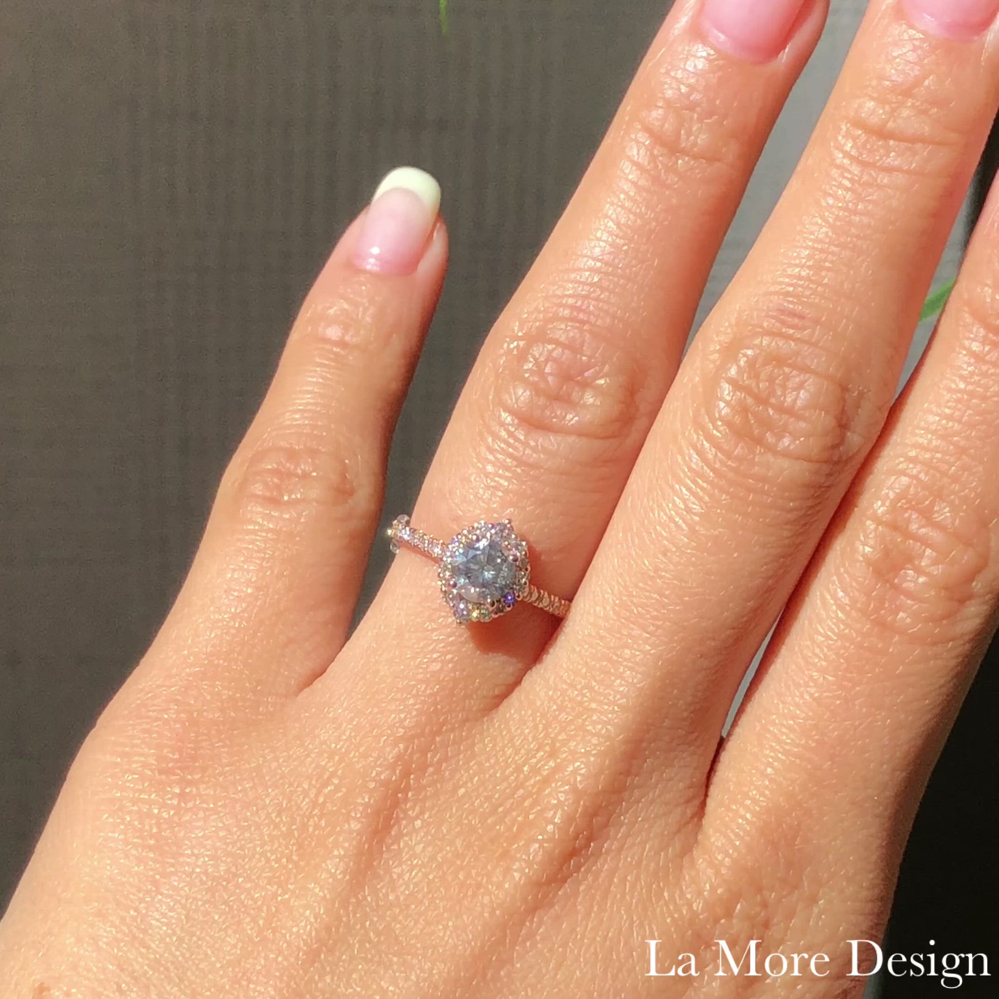 Truly stunning and timeless style! This salt and pepper diamond engagement ring in pave diamond band is crafted in 14k rose gold tiara halo diamond ring setting featuring a round cut natural grey diamond. This one-of-a-kind gray diamond ring is perfect for brides looking for a delicate yet unique engagement ring. 