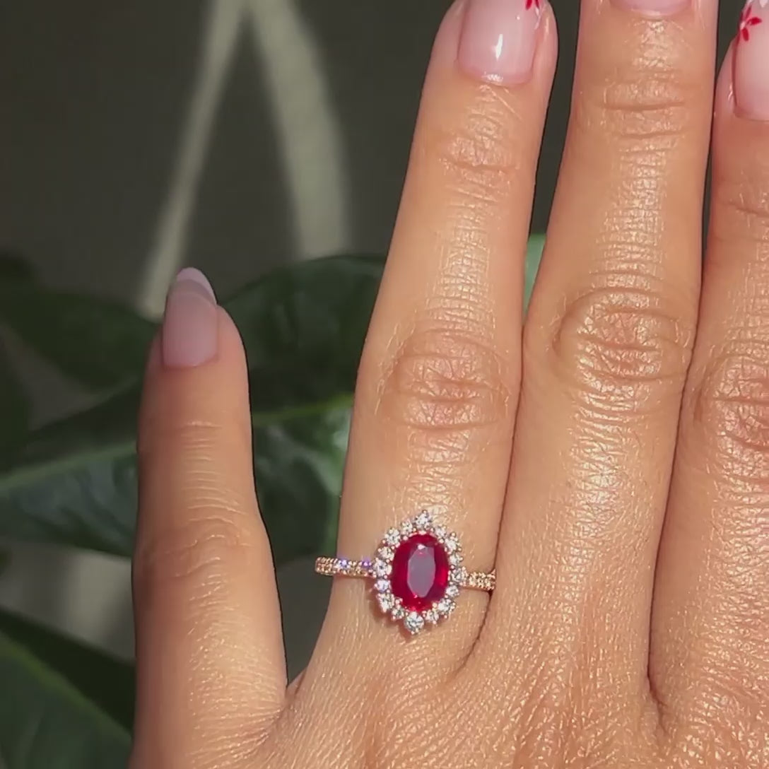 Halo diamond oval ruby ring stack rose gold eternity diamond wedding band la more design jewelry