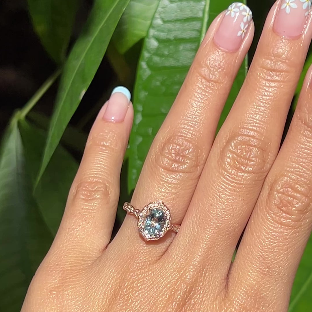 Oval Aquamarine Diamond Ring in Vintage Floral Scalloped Band