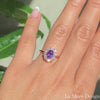 This timelessly gorgeous purple sapphire engagement ring is crafted in 14k rose gold Luna Halo Large Diamond ring setting with a 1.21-carat oval cut natural purple sapphire center ~ total gemstone and diamond weight of the whole ring is 1.79 ct.tw.  This one-of-a-kind sapphire ring is perfect for brides looking for non-traditional engagement rings. All our wedding bands can pair beautifully with this elegant halo diamond sapphire ring!