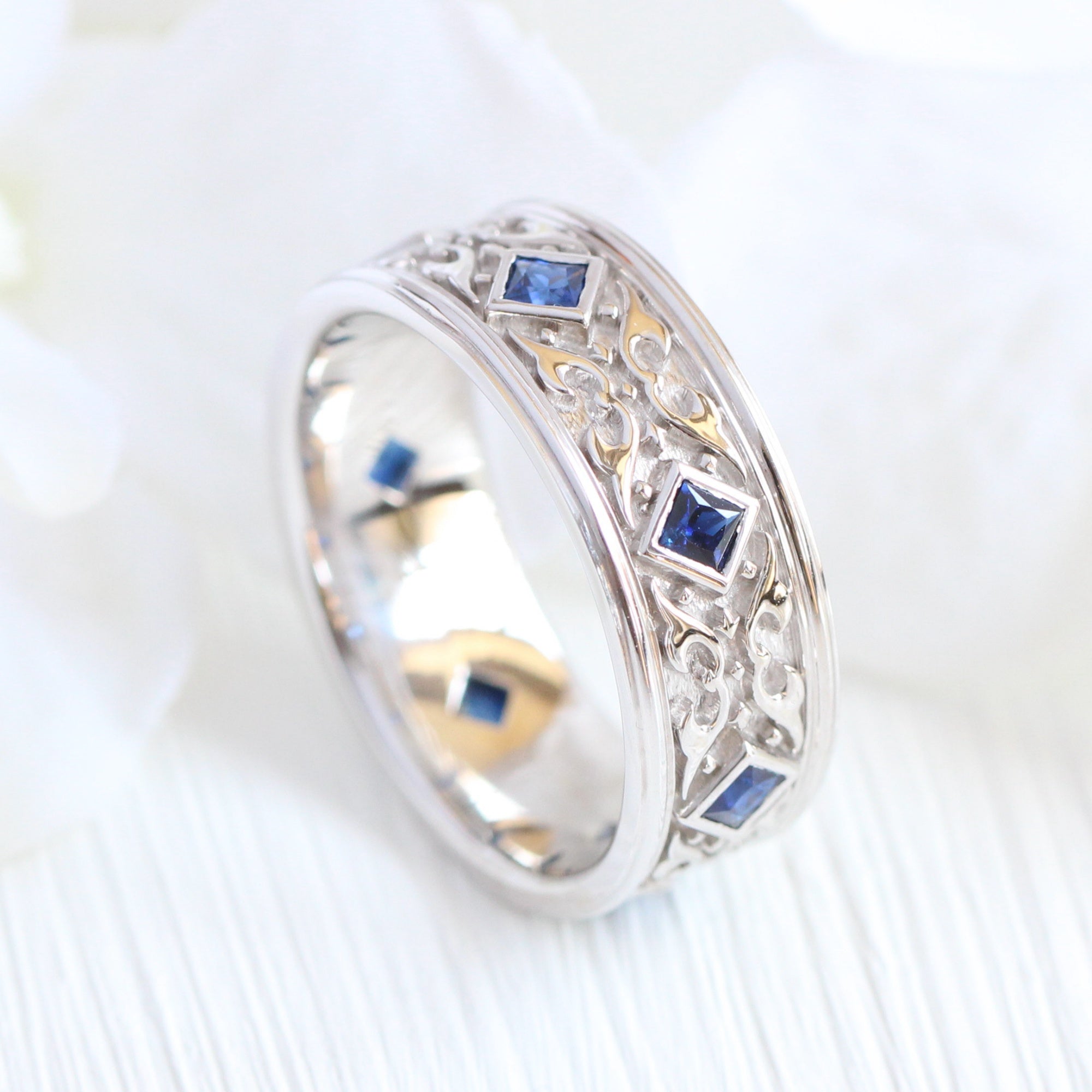 Celtic Knot Princess Cut Sapphire Ring in Solid Gold Men's Wedding Band 8mm