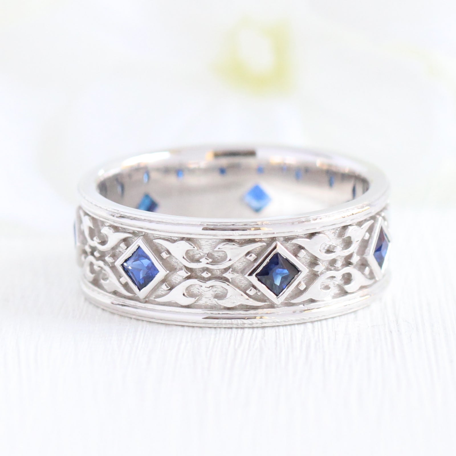 Princess Cut Sapphire Ring Rose Gold Celtic Knot Wedding Band Mens La More Design