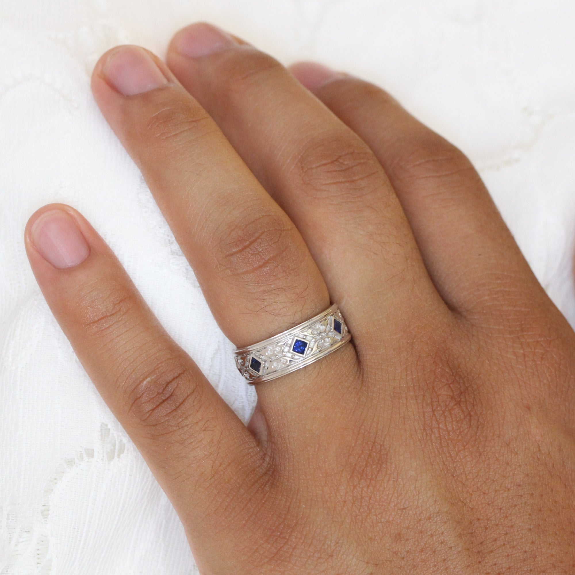 14K White Gold Three Stone Princess Shaped Blue Sapphire Engagement Ring