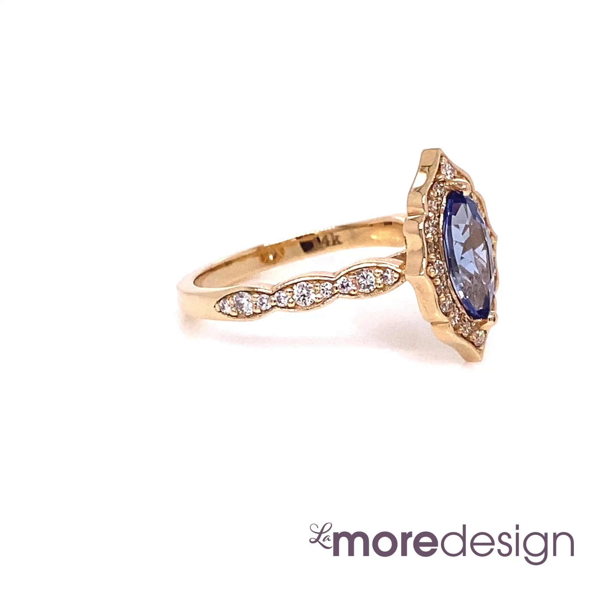 Stunning unique and gorgeous creation! This blue sapphire engagement ring is crafted in 14k yellow gold vintage floral diamond ring setting with a 1.03-carat marquise cut natural sapphire center ~ total gemstone and diamond weight of the whole ring is 1.39 ct.tw.  This elegant vintage-inspired marquise-cut engagement ring will guarantee a big smile on your future bride's face! All our wedding bands can pair beautifully with this beautiful vintage floral diamond sapphire ring!