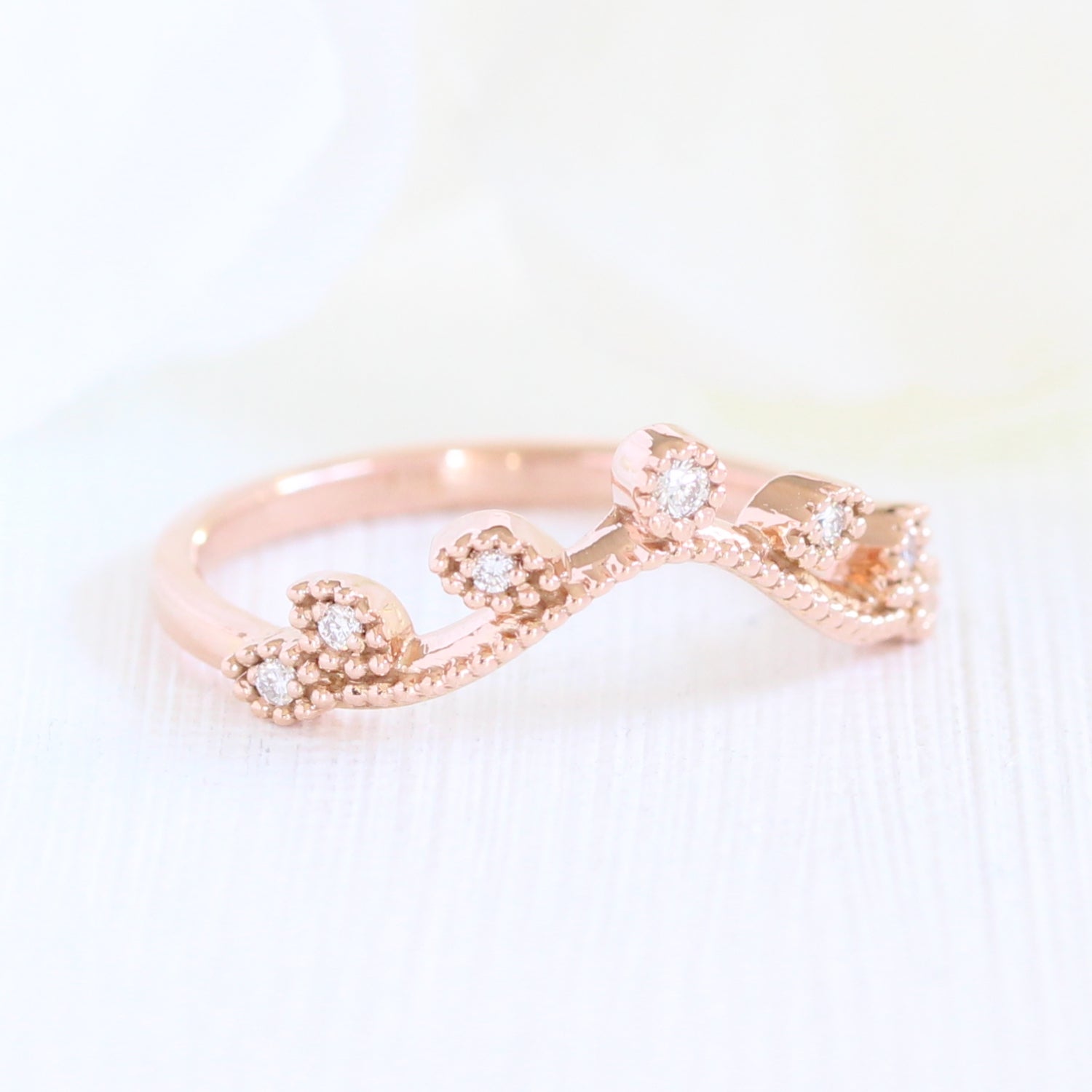 curved diamond wedding band in rose gold leaf ring by la more design jewelry