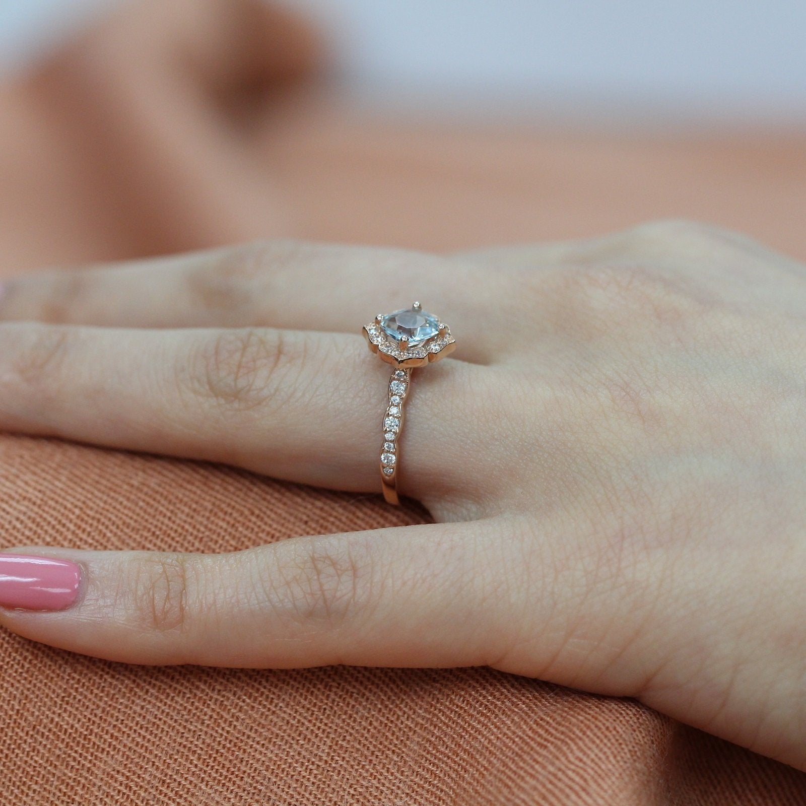 cushion aquamarine ring rose gold diamond scalloped engagement ring by la more design