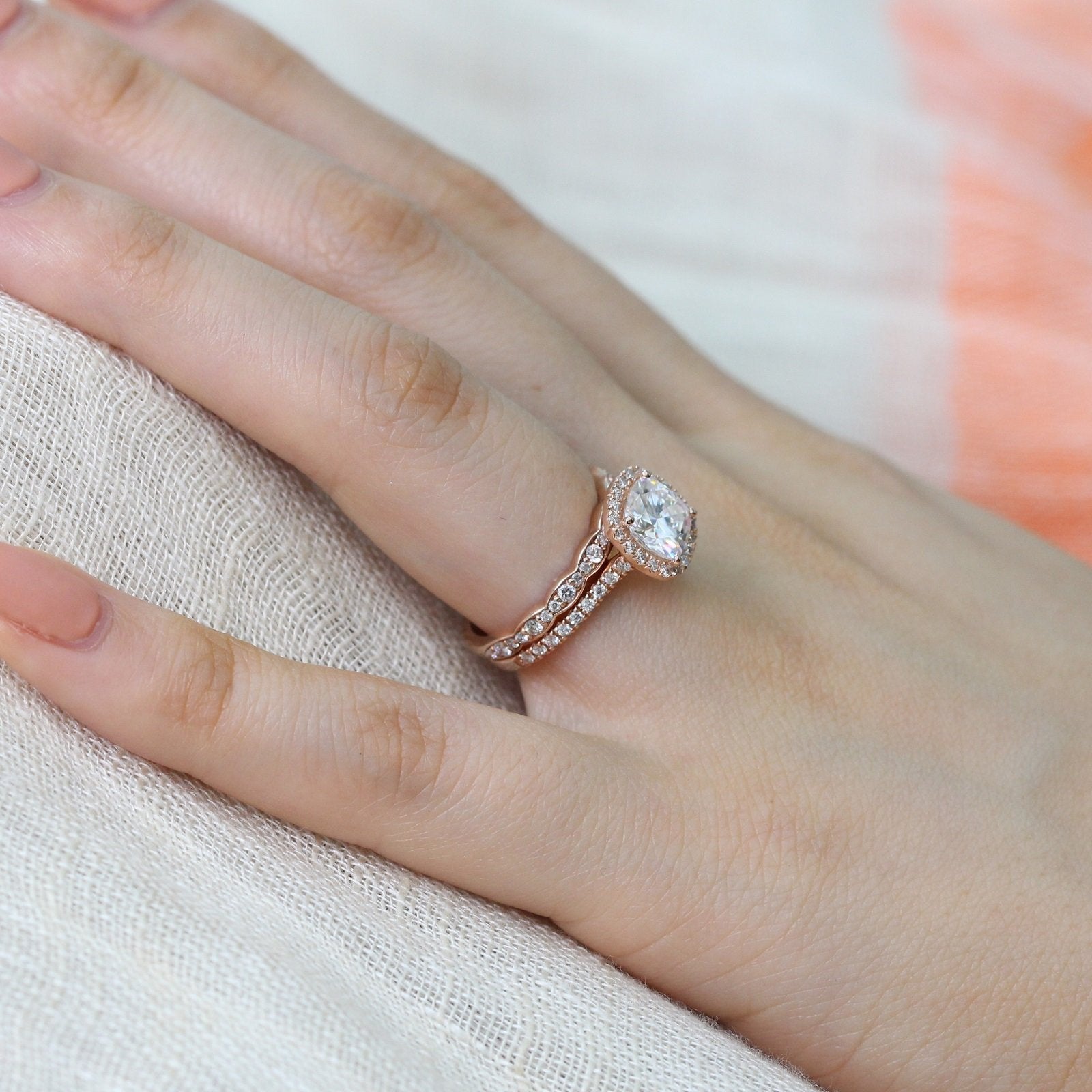cushion moissanite engagement ring bridal set rose gold scalloped diamond band by la more design