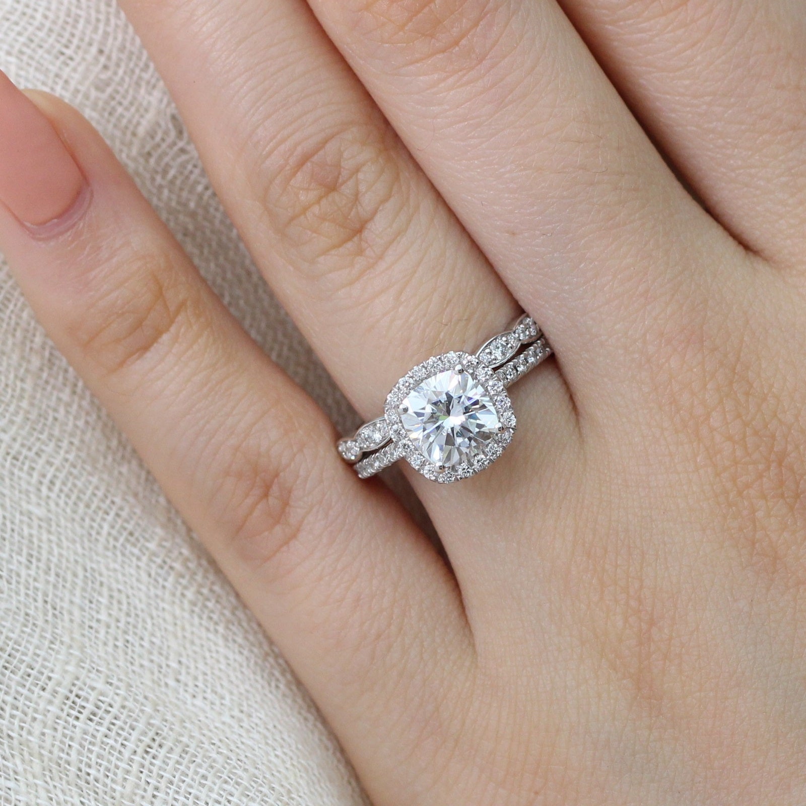 Cushion moissanite halo diamond ring set in white gold by la more design