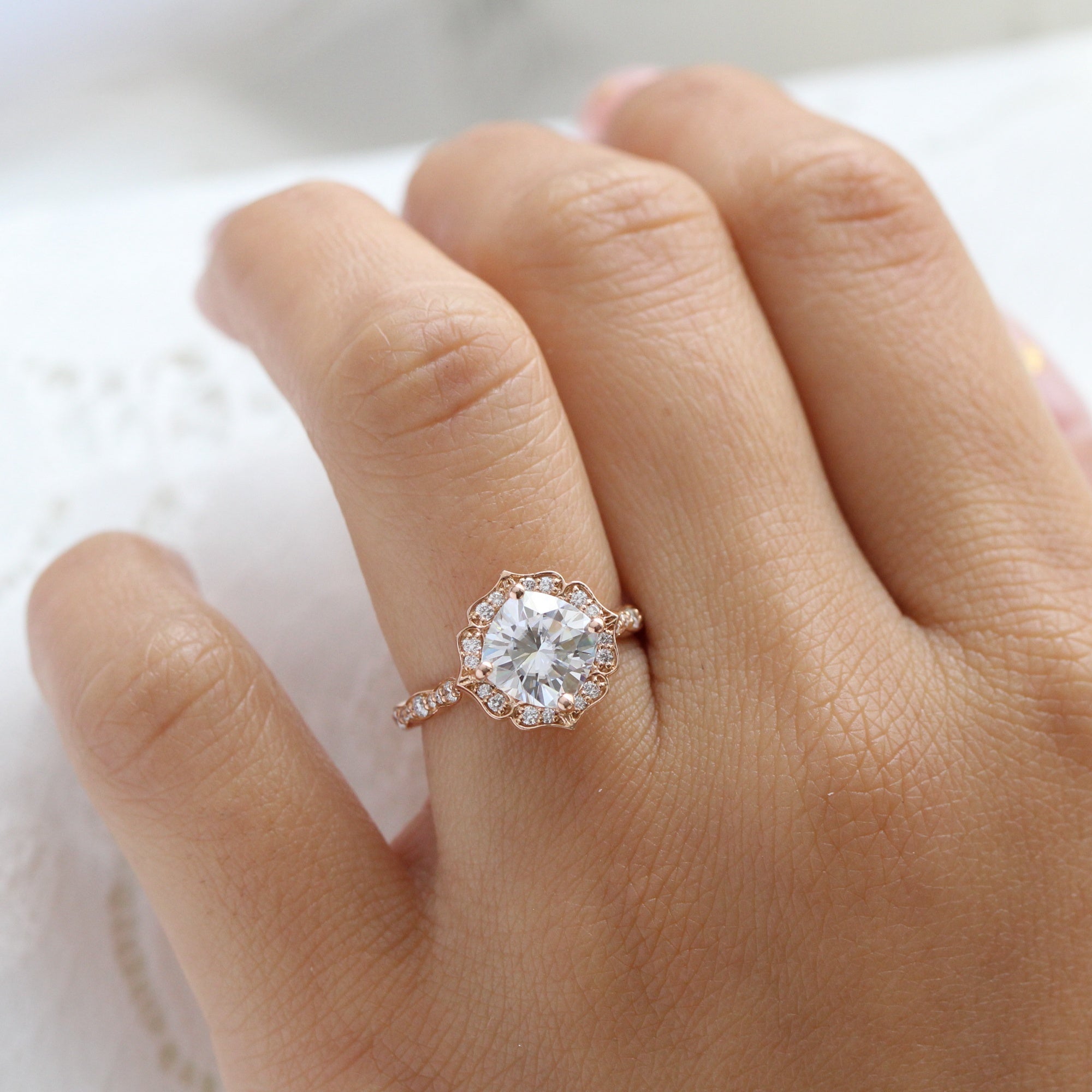 cushion moissanite engagement ring rose gold vintage halo diamond ring la more design jewelry