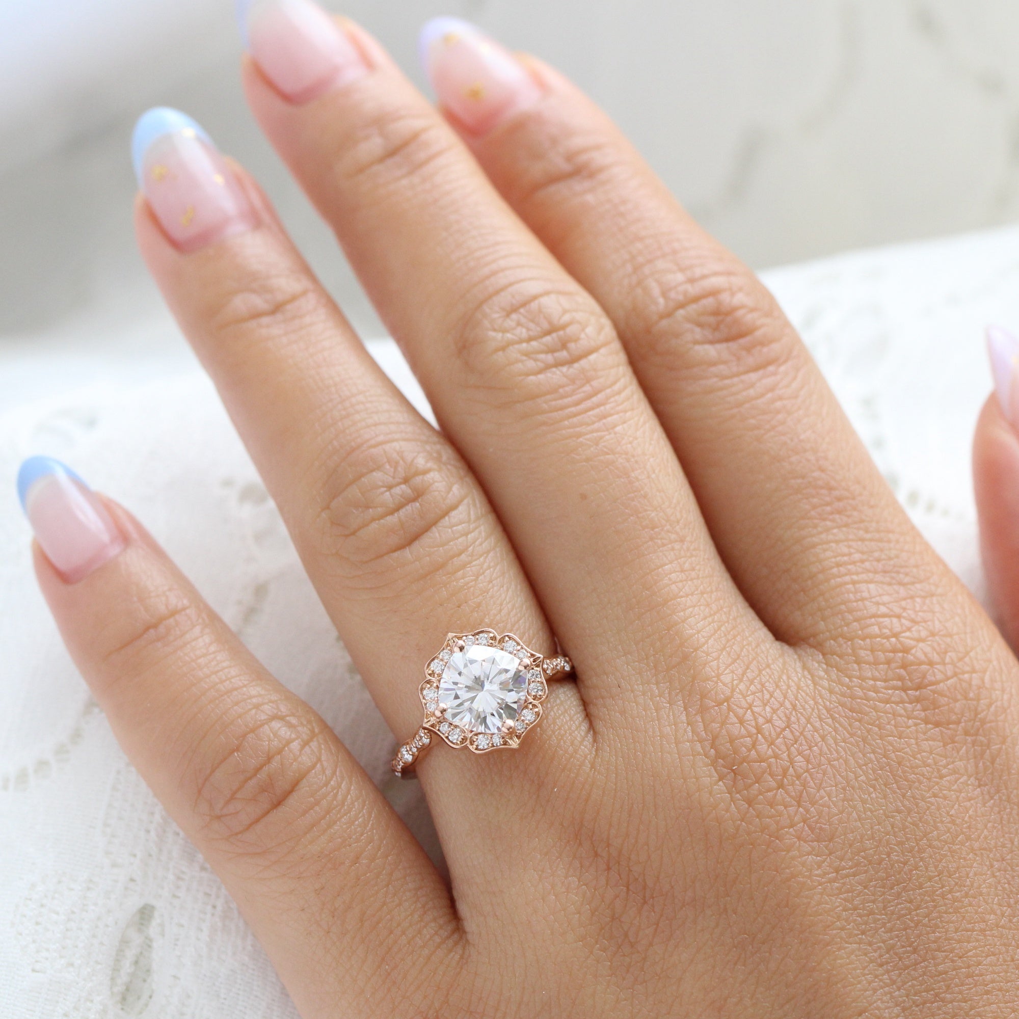 cushion moissanite engagement ring rose gold vintage halo diamond ring la more design jewelry-3