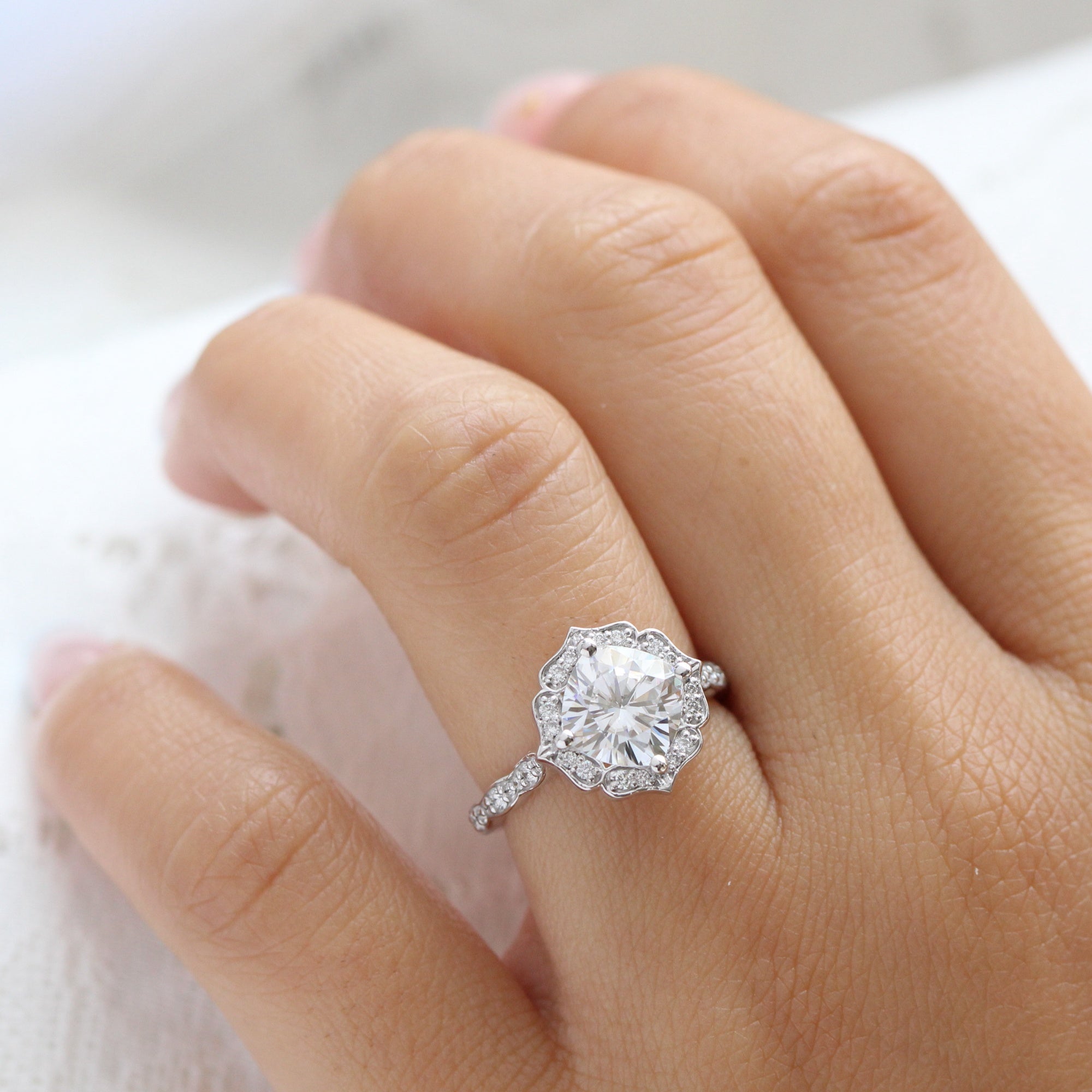 cushion moissanite engagement ring white gold vintage halo diamond ring la more design jewelry
