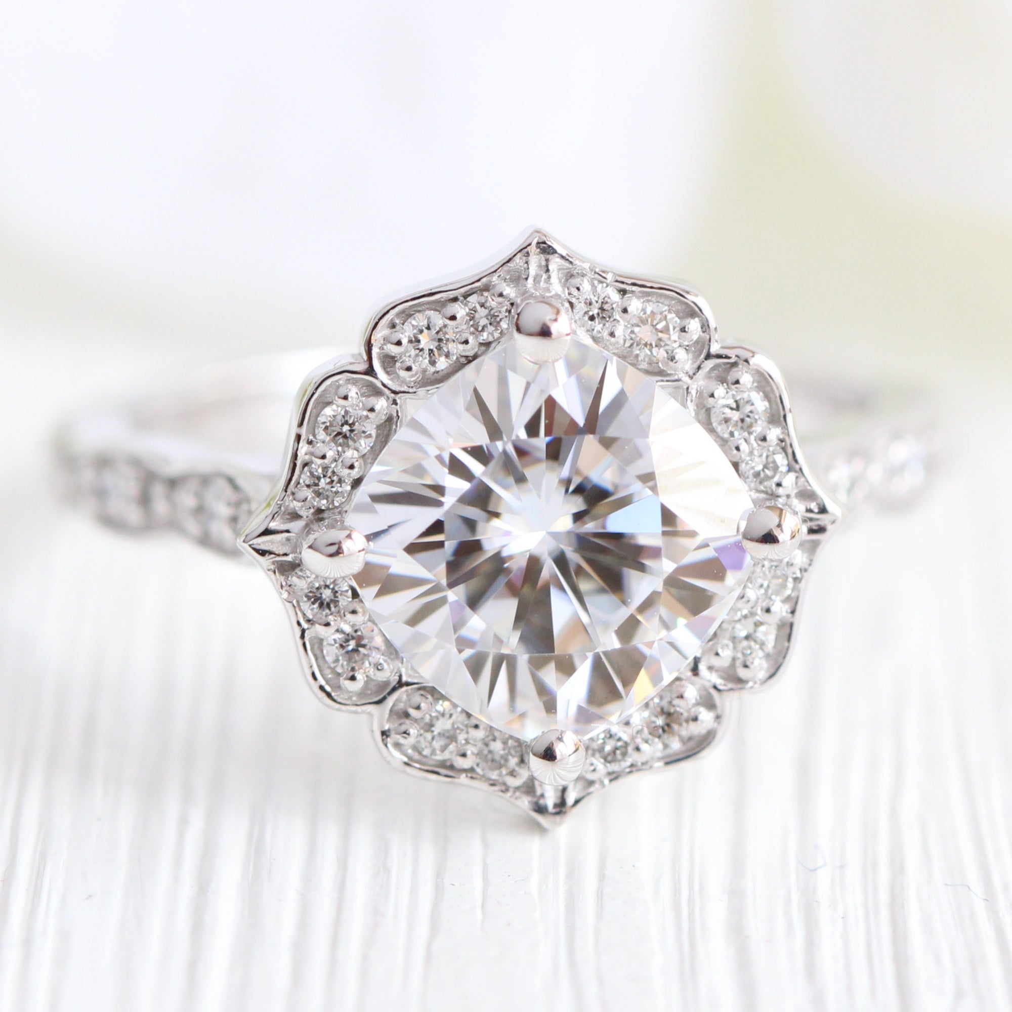 Large Moissanite Diamond Engagement Ring Rose Gold Vintage Halo