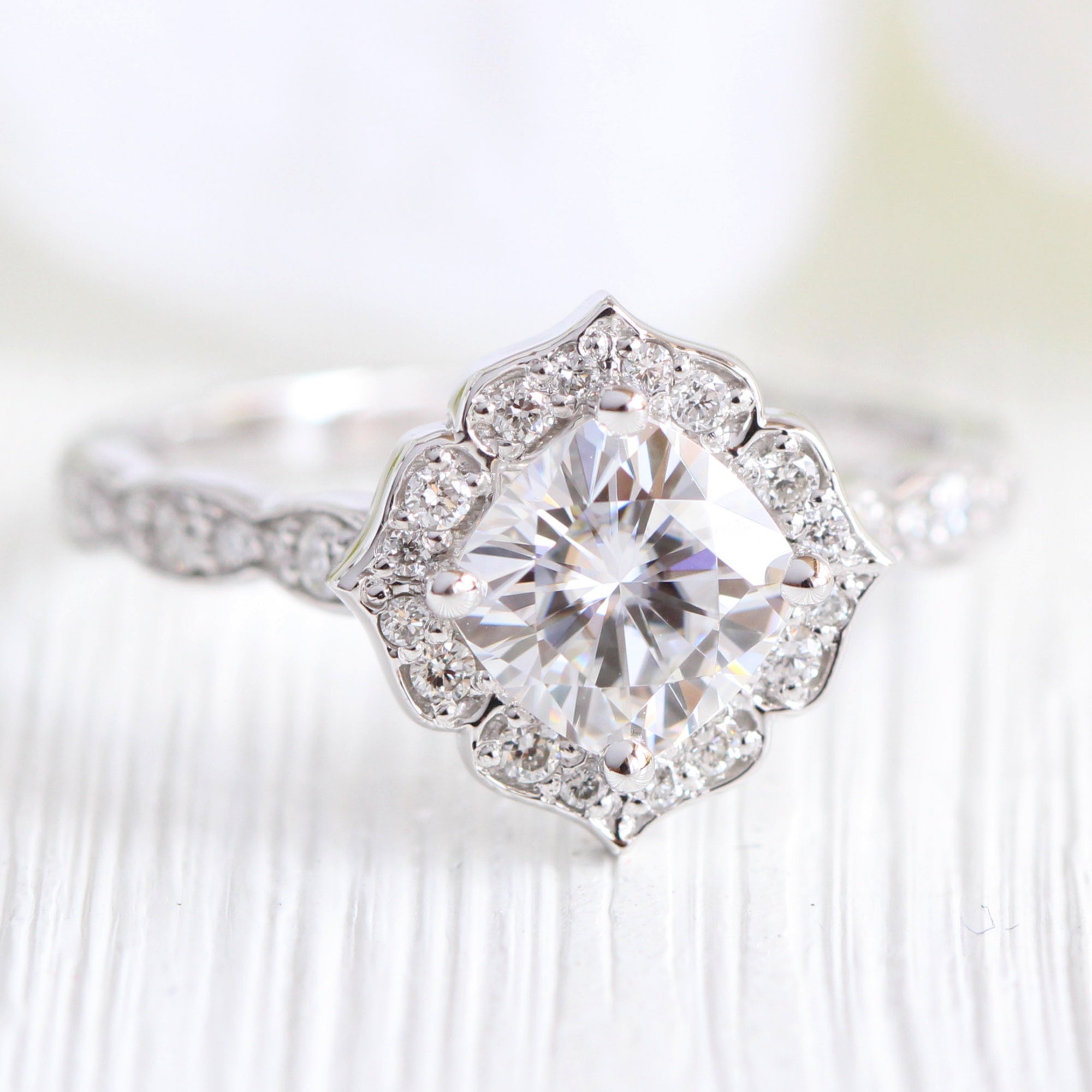 Floral moissanite sales engagement ring