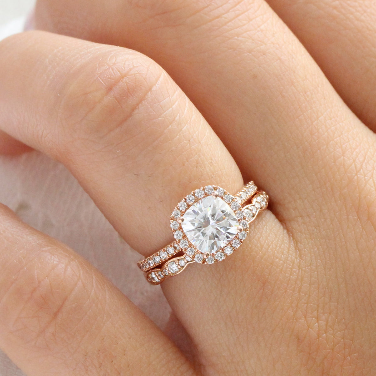 cushion moissanite ring rose gold halo diamond wedding ring stack la more design jewelry