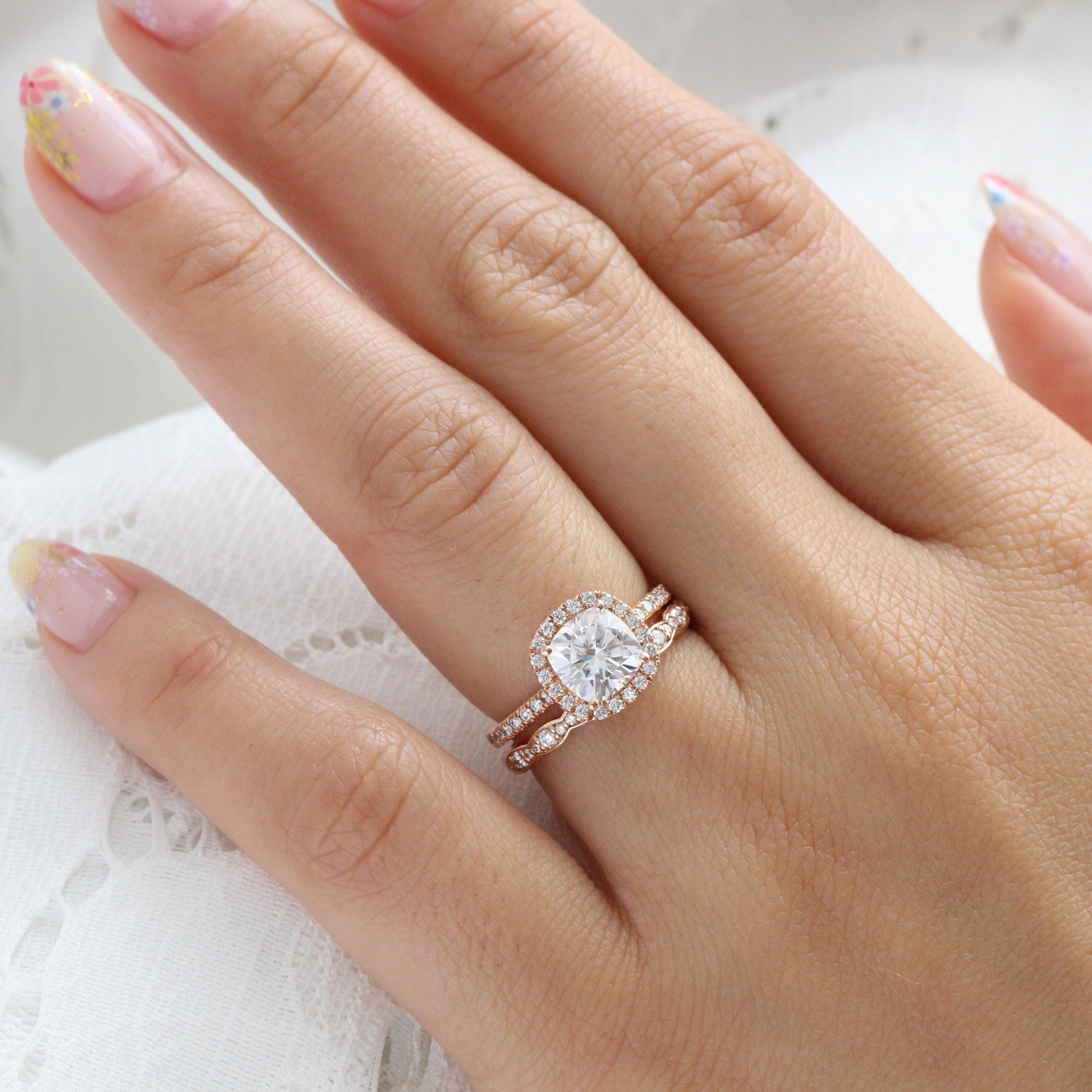 cushion moissanite ring rose gold halo diamond wedding ring stack la more design jewelry