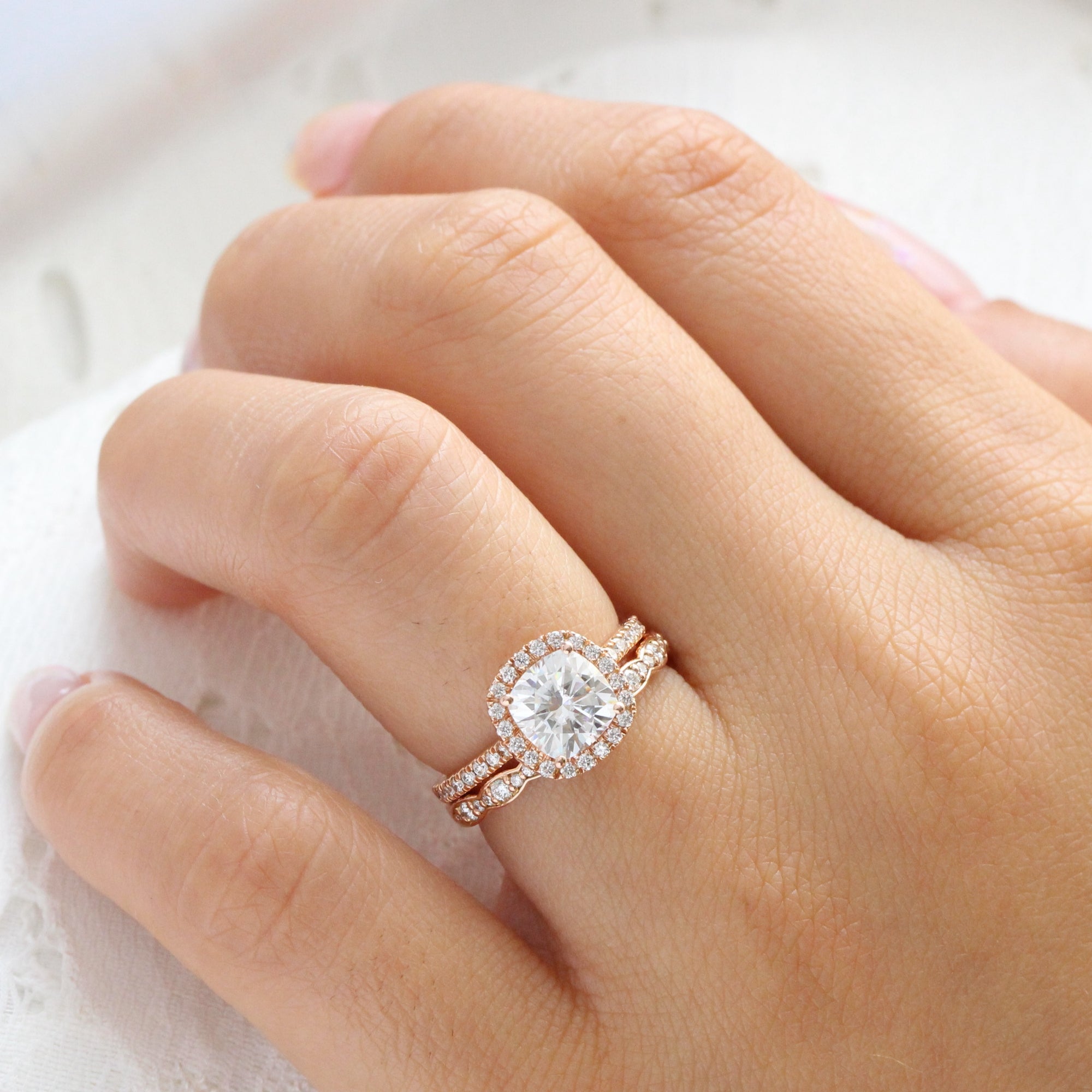 cushion moissanite ring rose gold halo diamond wedding ring stack la more design jewelry