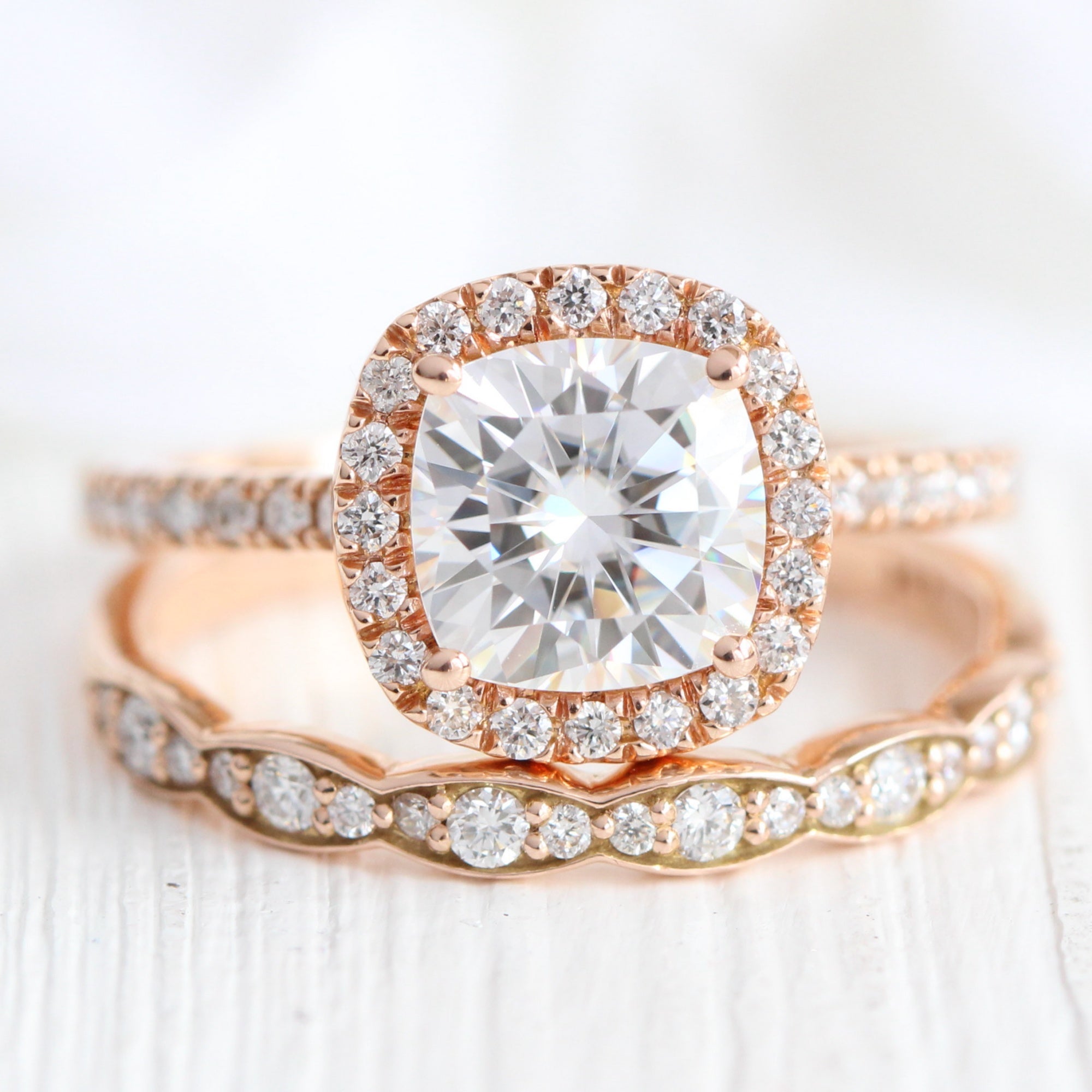 cushion moissanite ring rose gold halo diamond wedding ring stack la more design jewelry