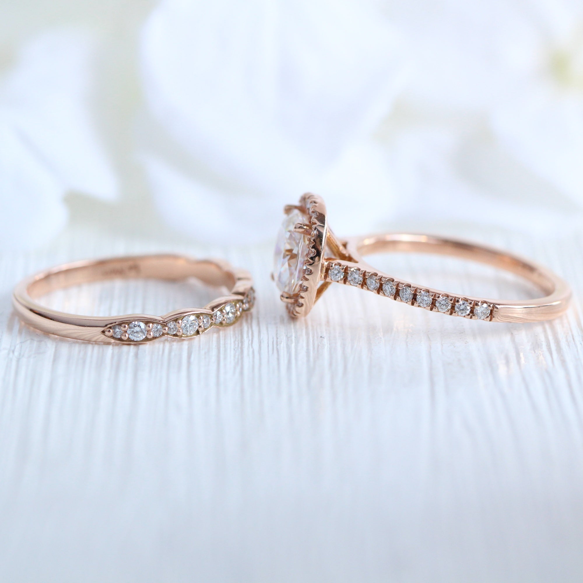 cushion moissanite ring rose gold halo diamond wedding ring stack la more design jewelry
