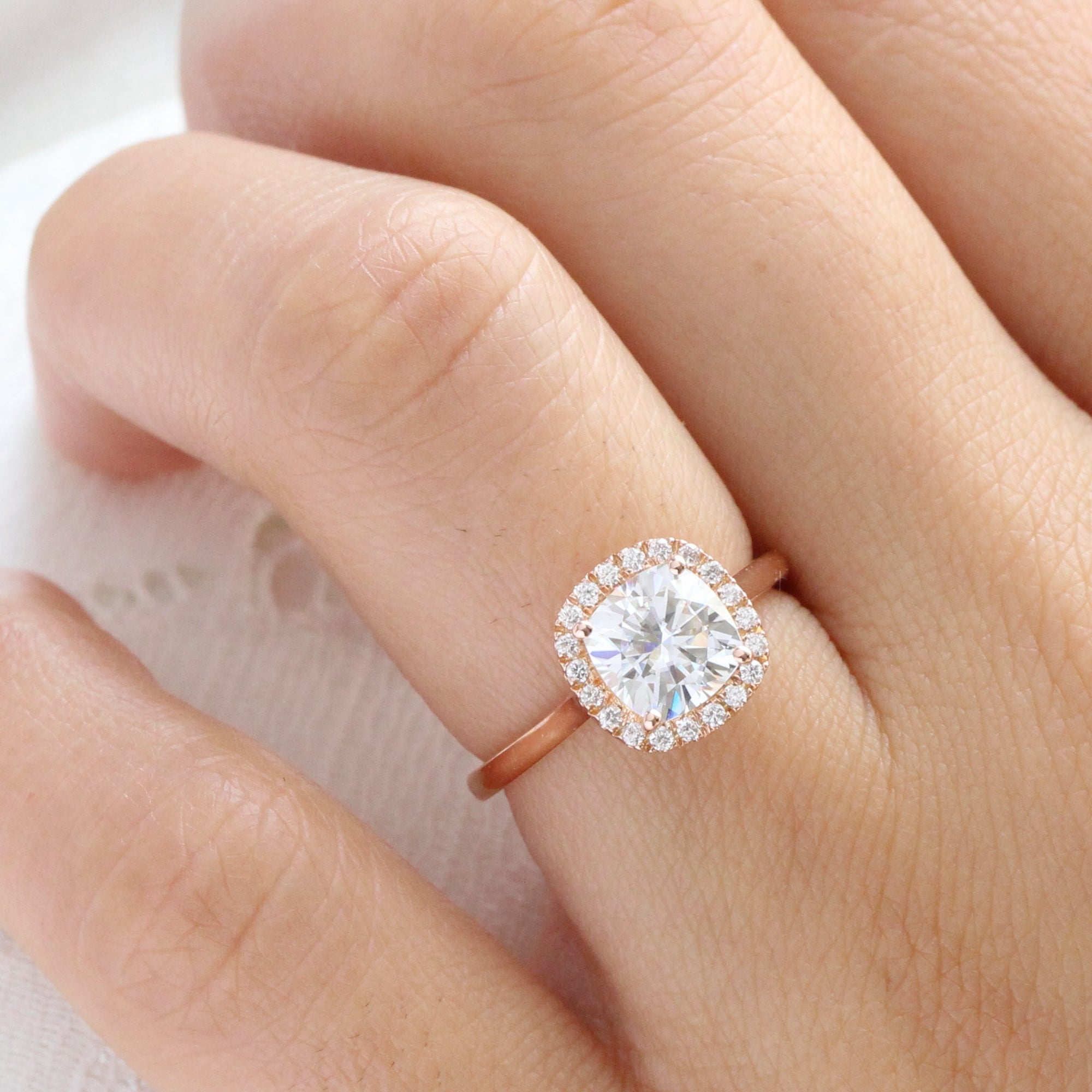 cushion moissanite ring rose gold halo engagement ring la more design jewelry