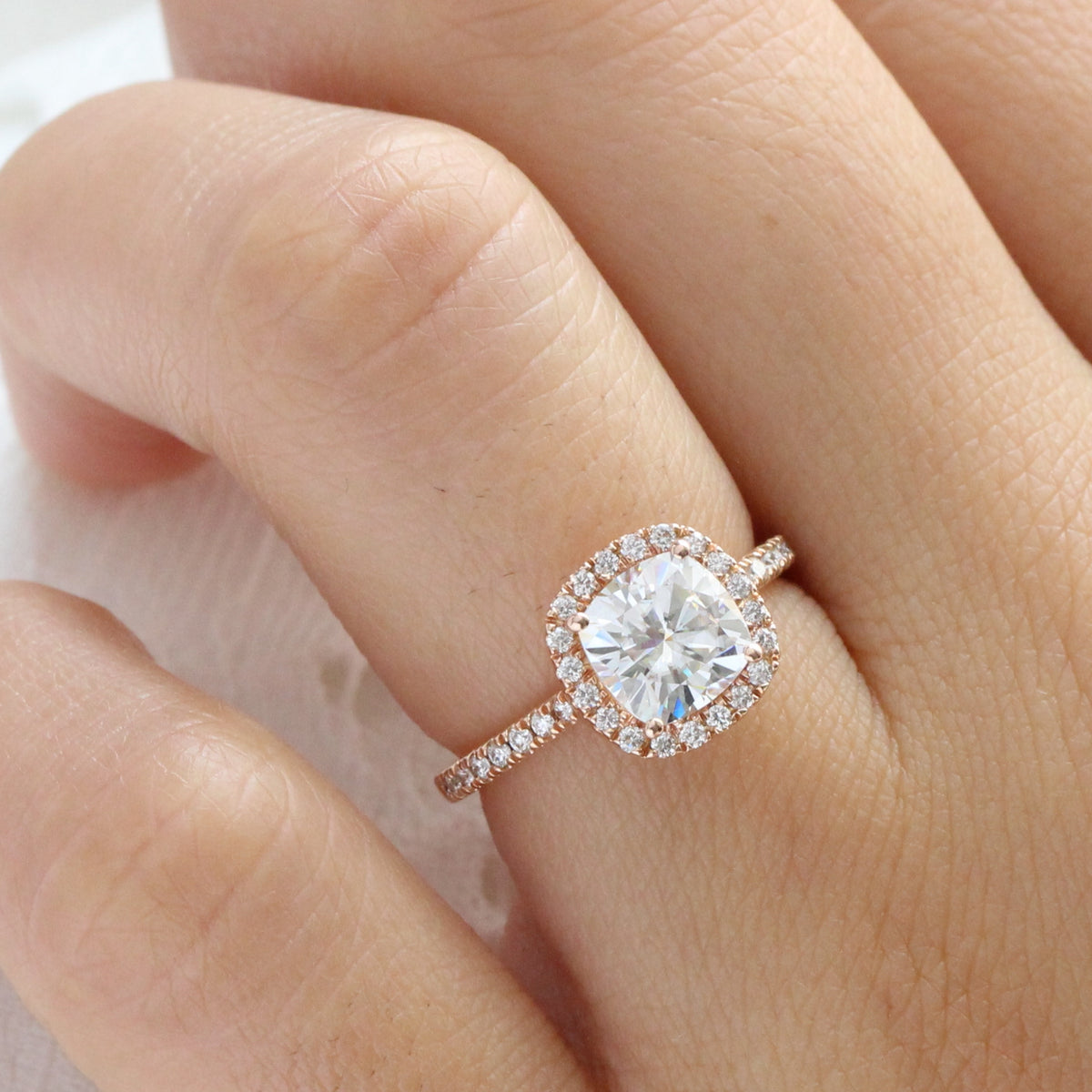cushion moissanite ring rose gold halo engagement ring la more design jewelry