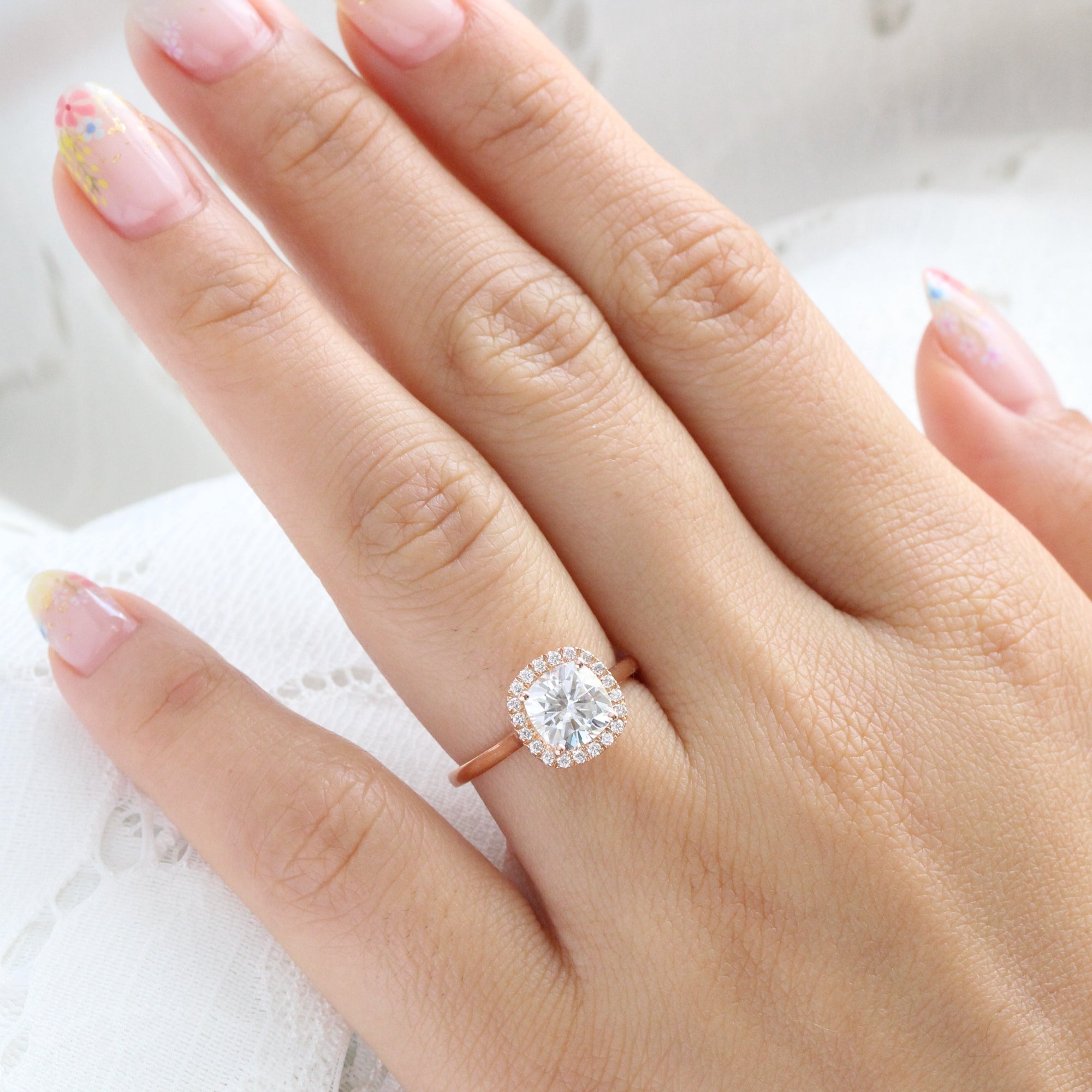 cushion moissanite ring rose gold halo engagement ring la more design jewelry