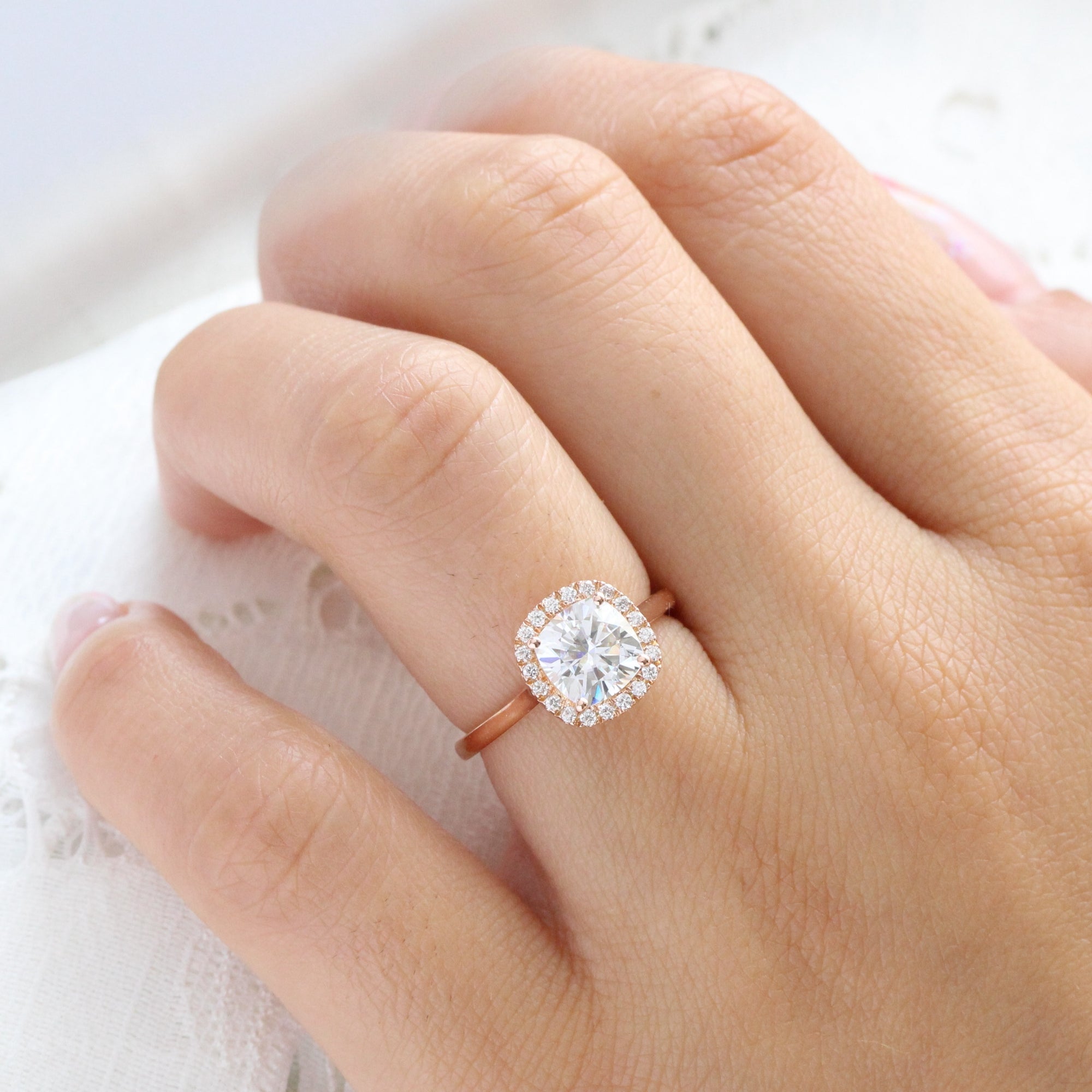 cushion moissanite ring rose gold halo engagement ring la more design jewelry