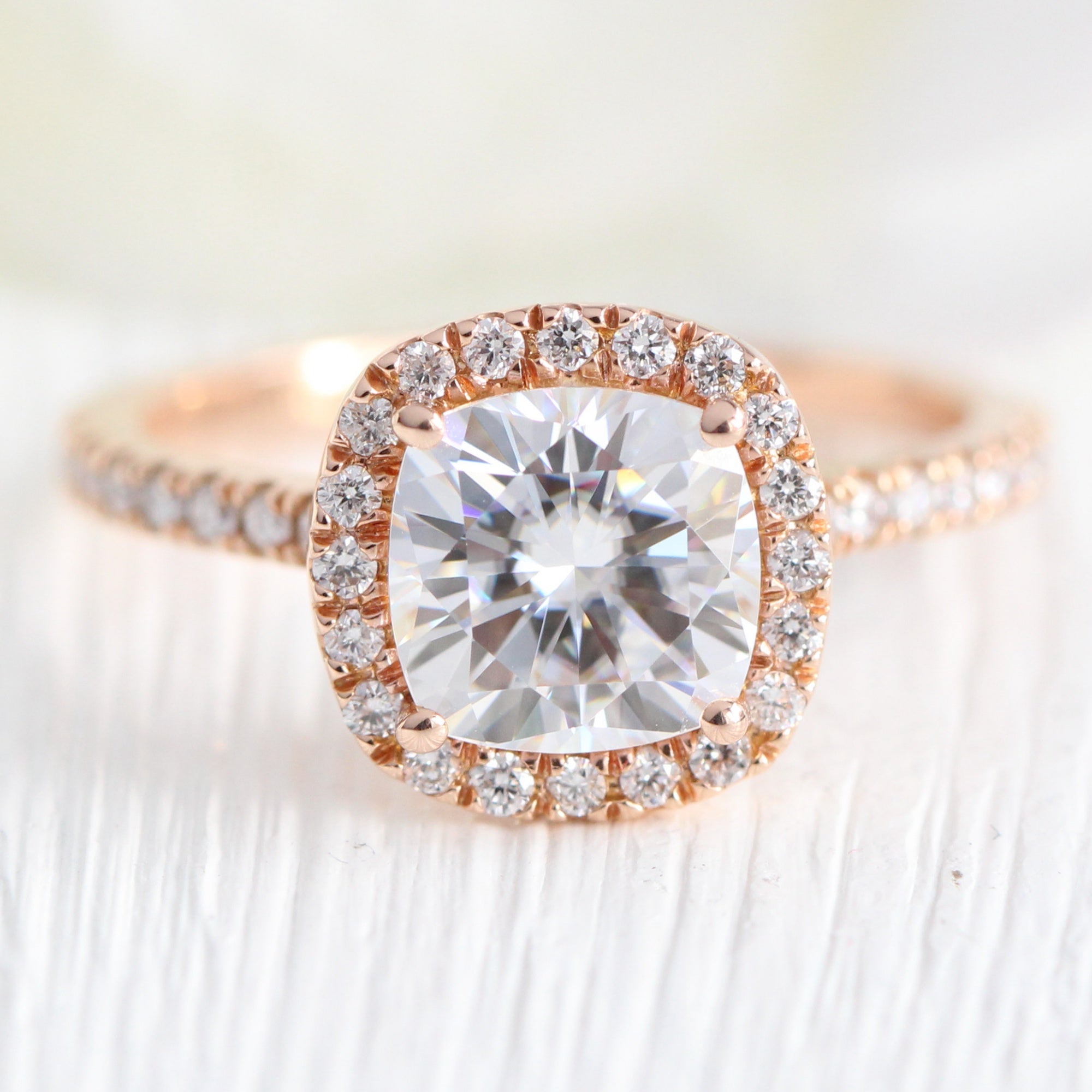 cushion moissanite ring rose gold halo engagement ring la more design jewelry