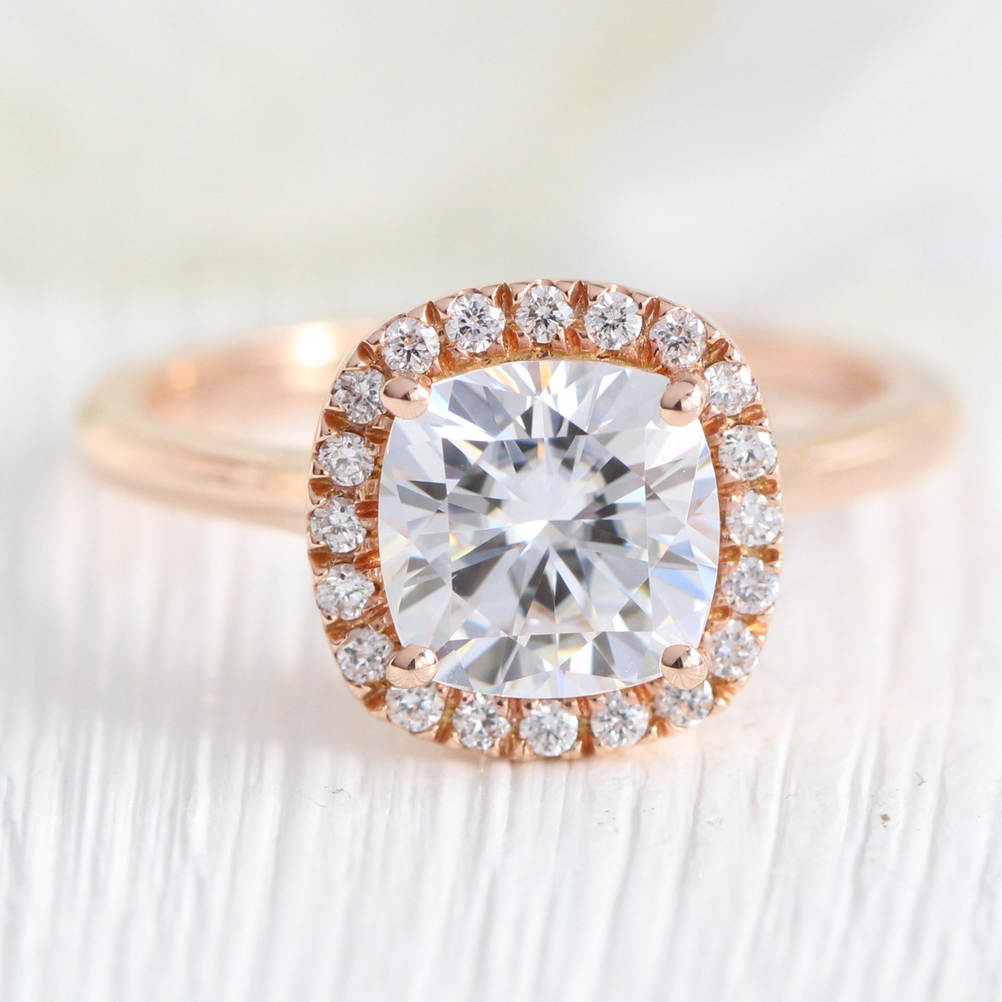 cushion moissanite ring rose gold halo engagement ring la more design jewelry