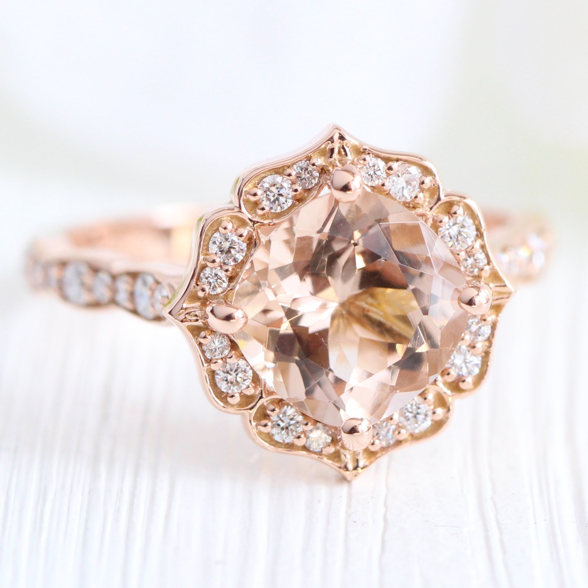 Vintage Natural Morganite Hexagon Ring Set w/ Diamond Open Milgrain Enhancer Band Rose Gold