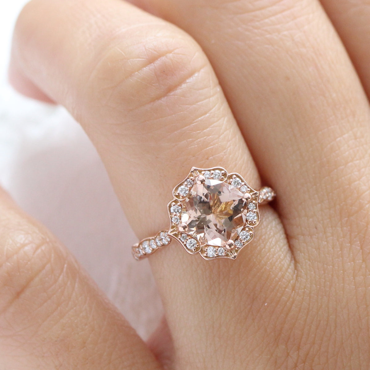 cushion morganite engagement ring rose gold vintage halo diamond ring la more design jewelry