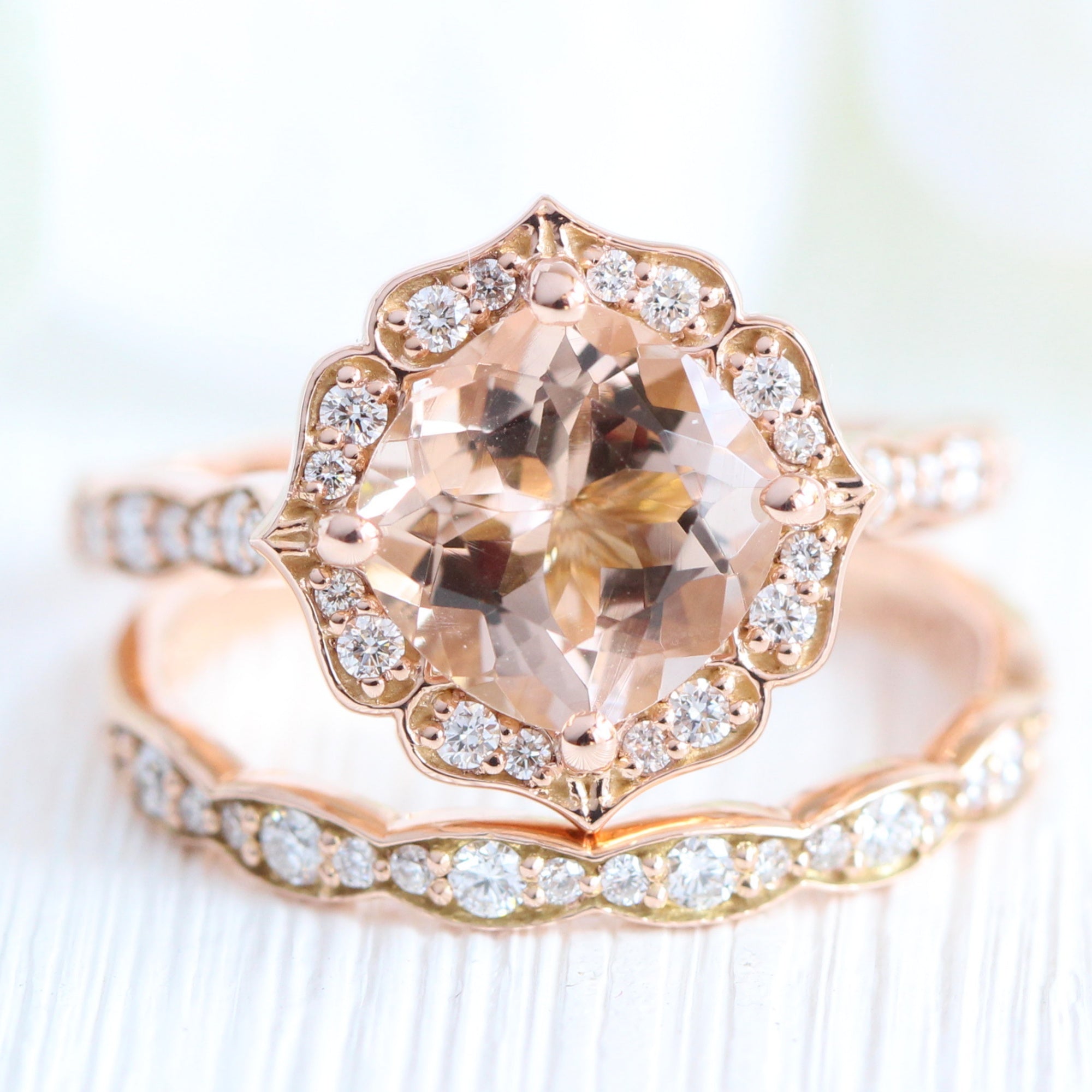 Vintage Floral Cushion Ring Set w/ Large Morganite and Scalloped Diamond Band