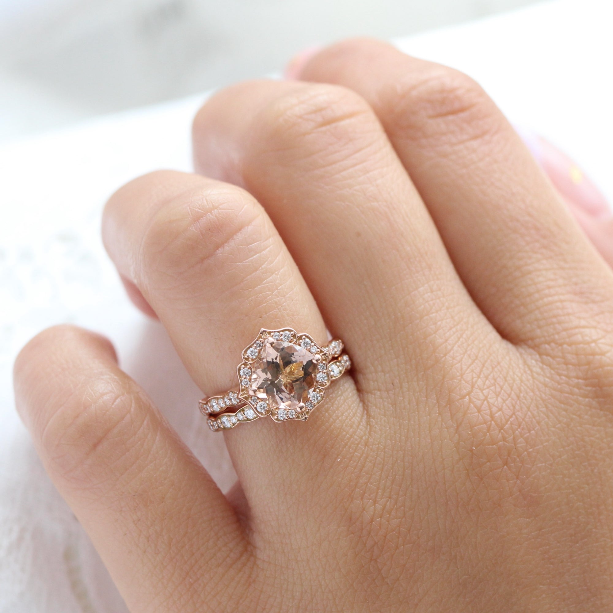 cushion morganite engagement ring stack rose gold vintage halo diamond ring la more design jewelry