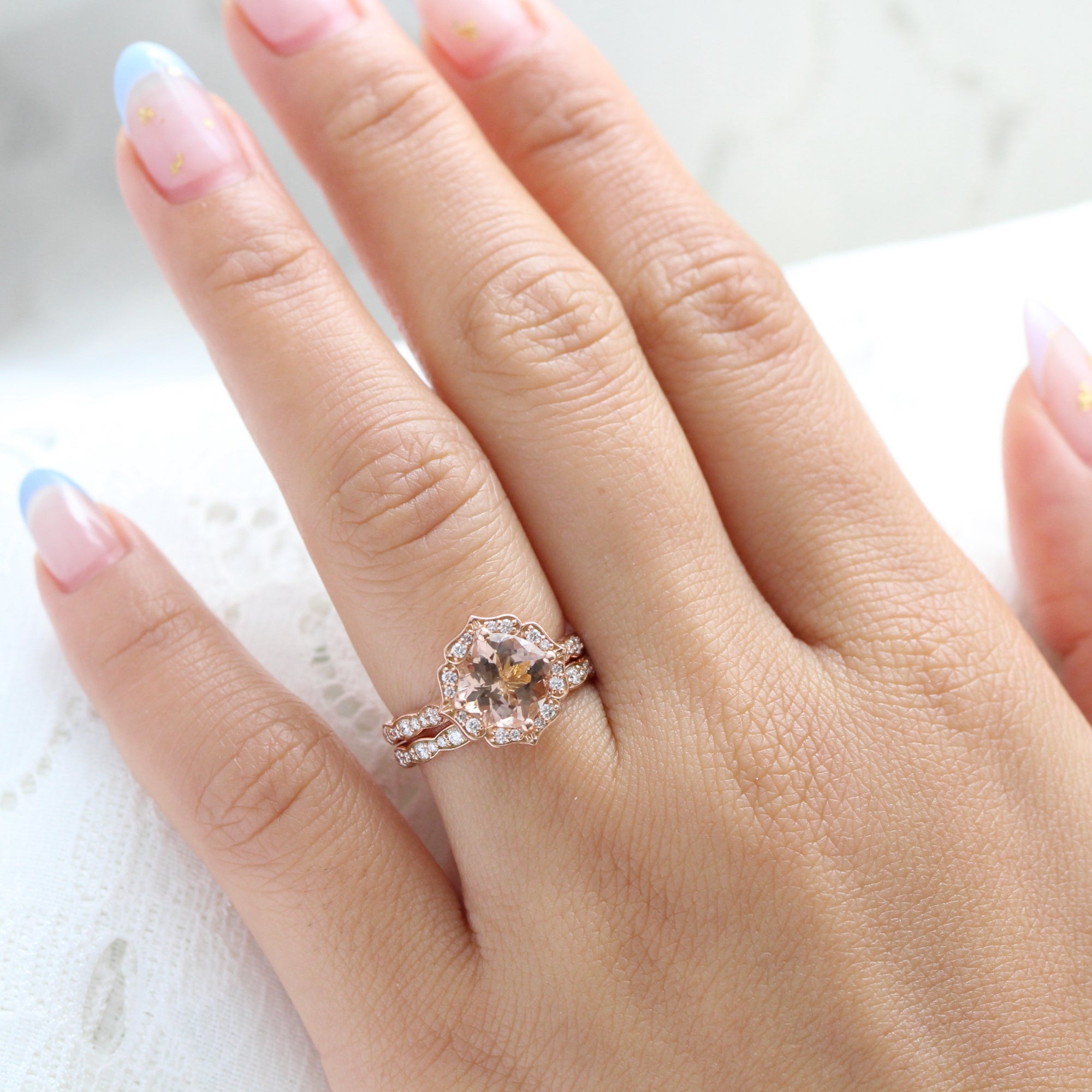 cushion morganite engagement ring stack rose gold vintage halo diamond ring la more design jewelry