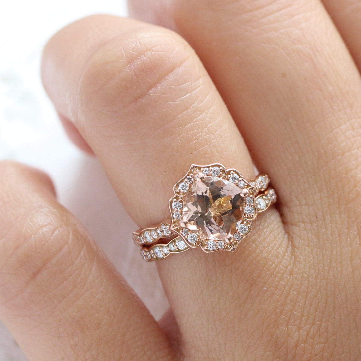 cushion morganite engagement ring stack rose gold vintage halo diamond ring la more design jewelry