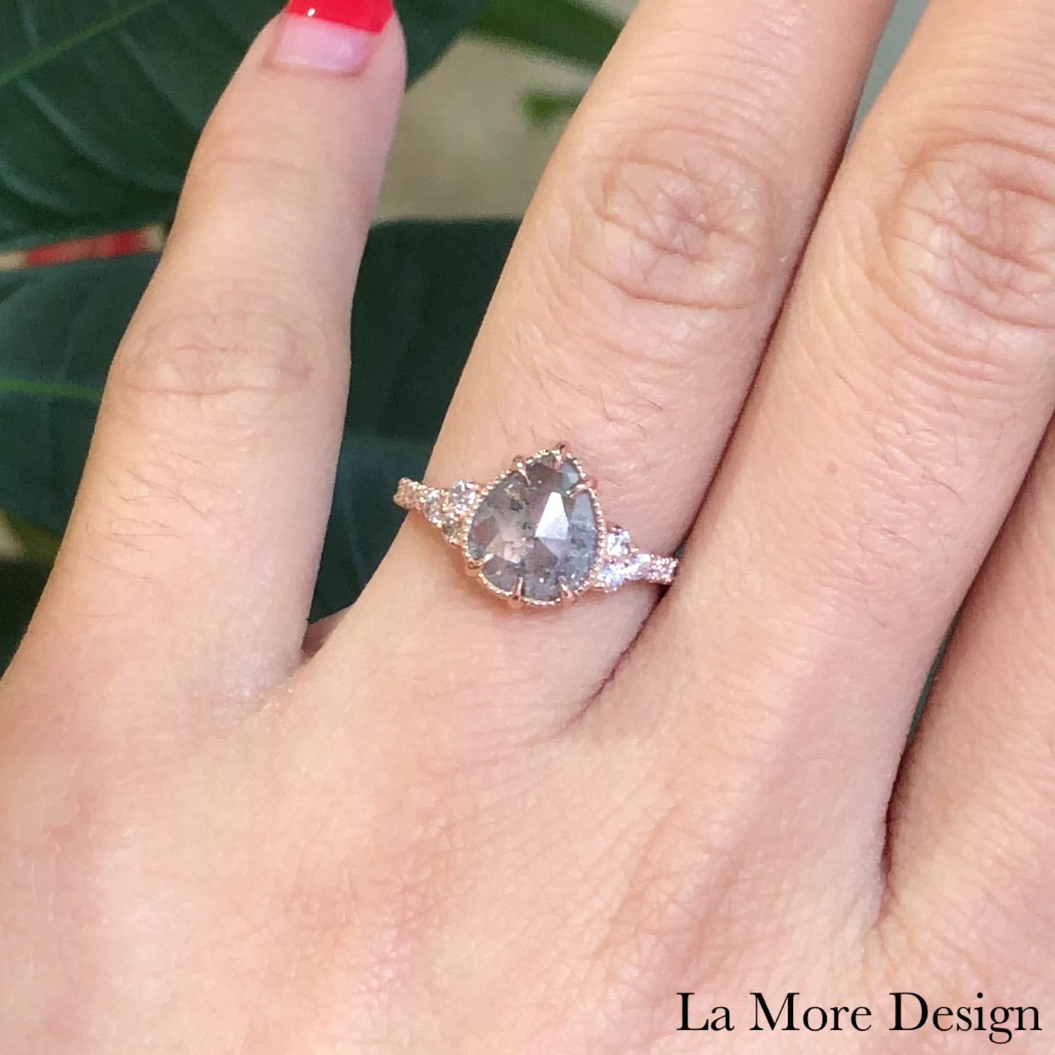 1.7 Ct Pear Salt and Pepper Diamond Ring in 14k Rose Gold Vintage 3 Stone Ring, Size 6.25