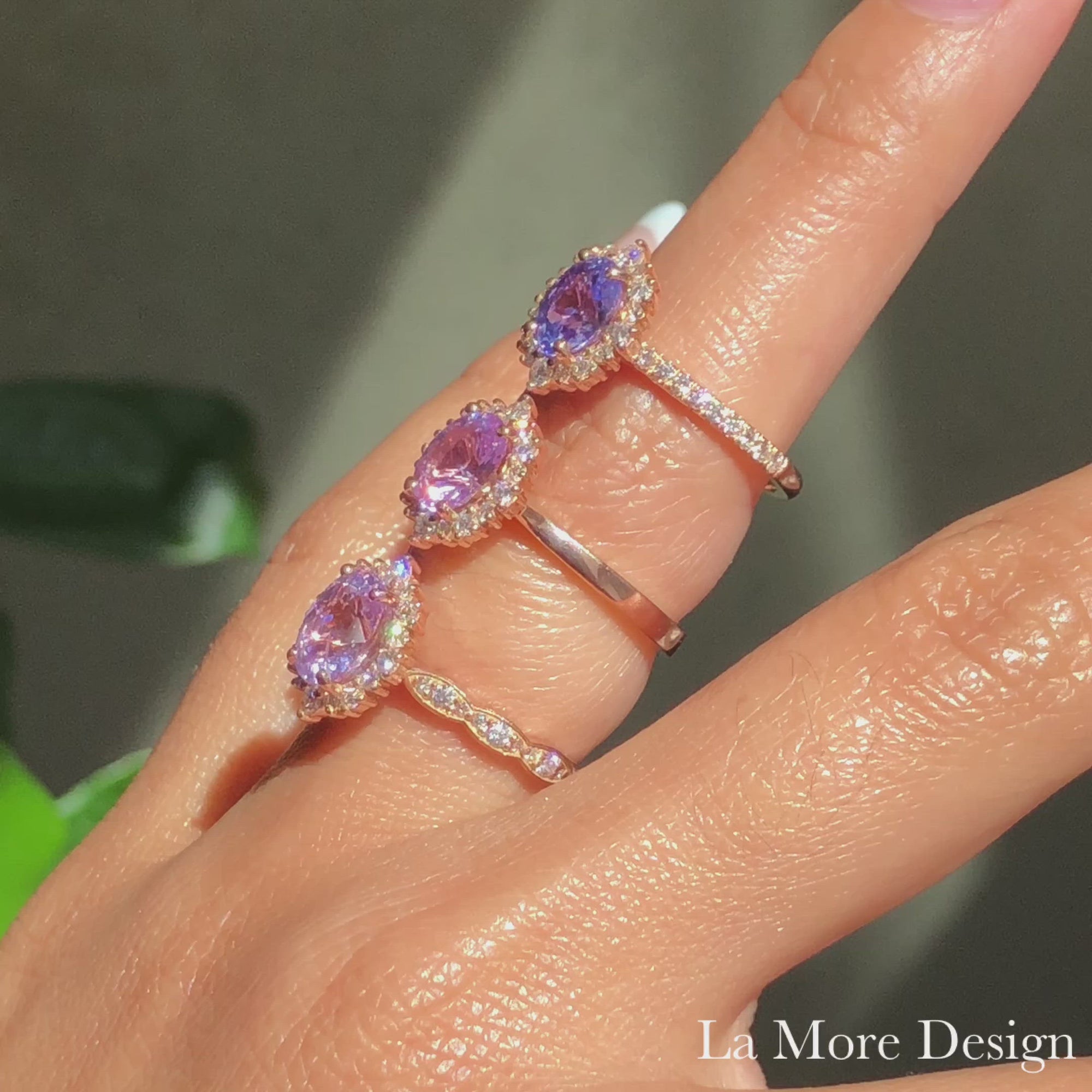 Timelessly elegant and unique lavender purple sapphire engagement rings crafted in a 14k rose gold Tiara Halo Diamond ring setting with oval cut natural sapphire centers and finished in Pave Diamond, Plain Tapered Shank and Scalloped Diamond Wedding Bands ~These one-of-a-kind sapphire rings are perfect for brides looking for non-traditional engagement rings. All our wedding bands can pair beautifully with this gorgeous tiara halo diamond sapphire ring!