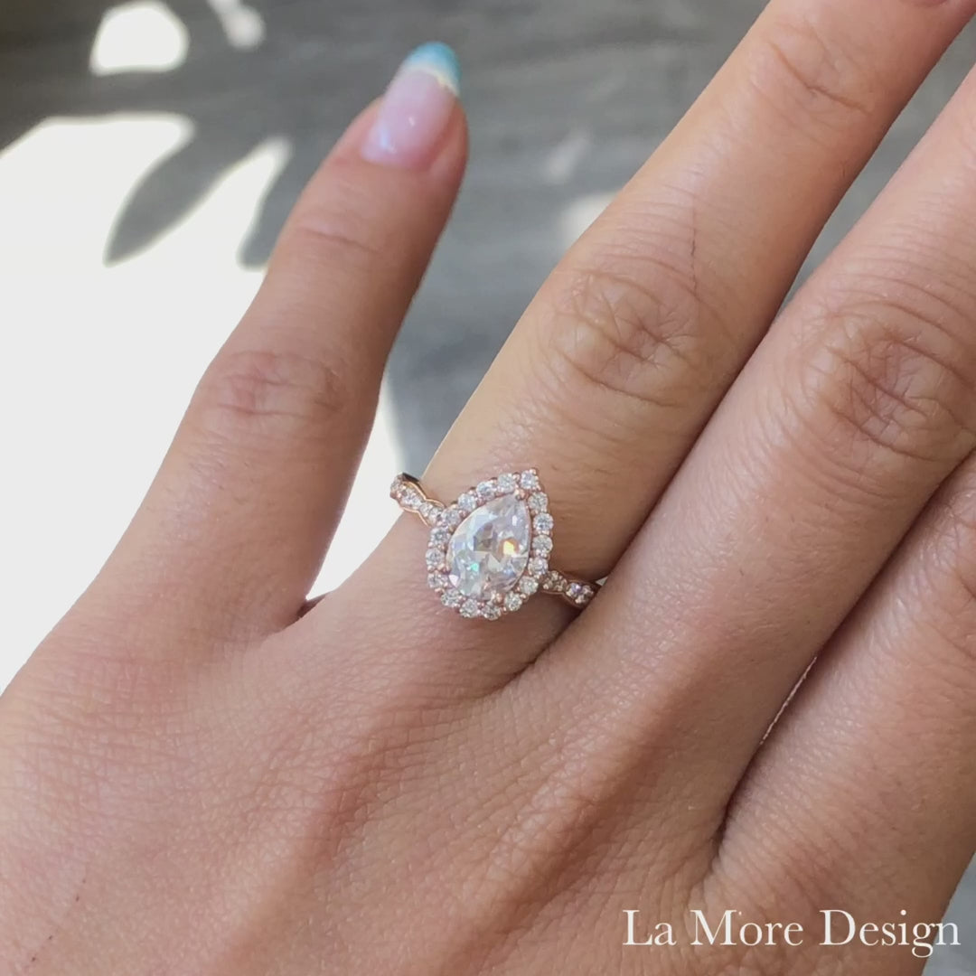 Halo diamond pear moissanite engagement ring in rose gold scalloped band by la more design jewelry